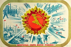 Affiche rétro originale soviétique, Health Strength Will Power To The Motherland, URSS