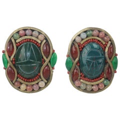 Vintage M & J Hansen Green Scarab Clip On Earrings