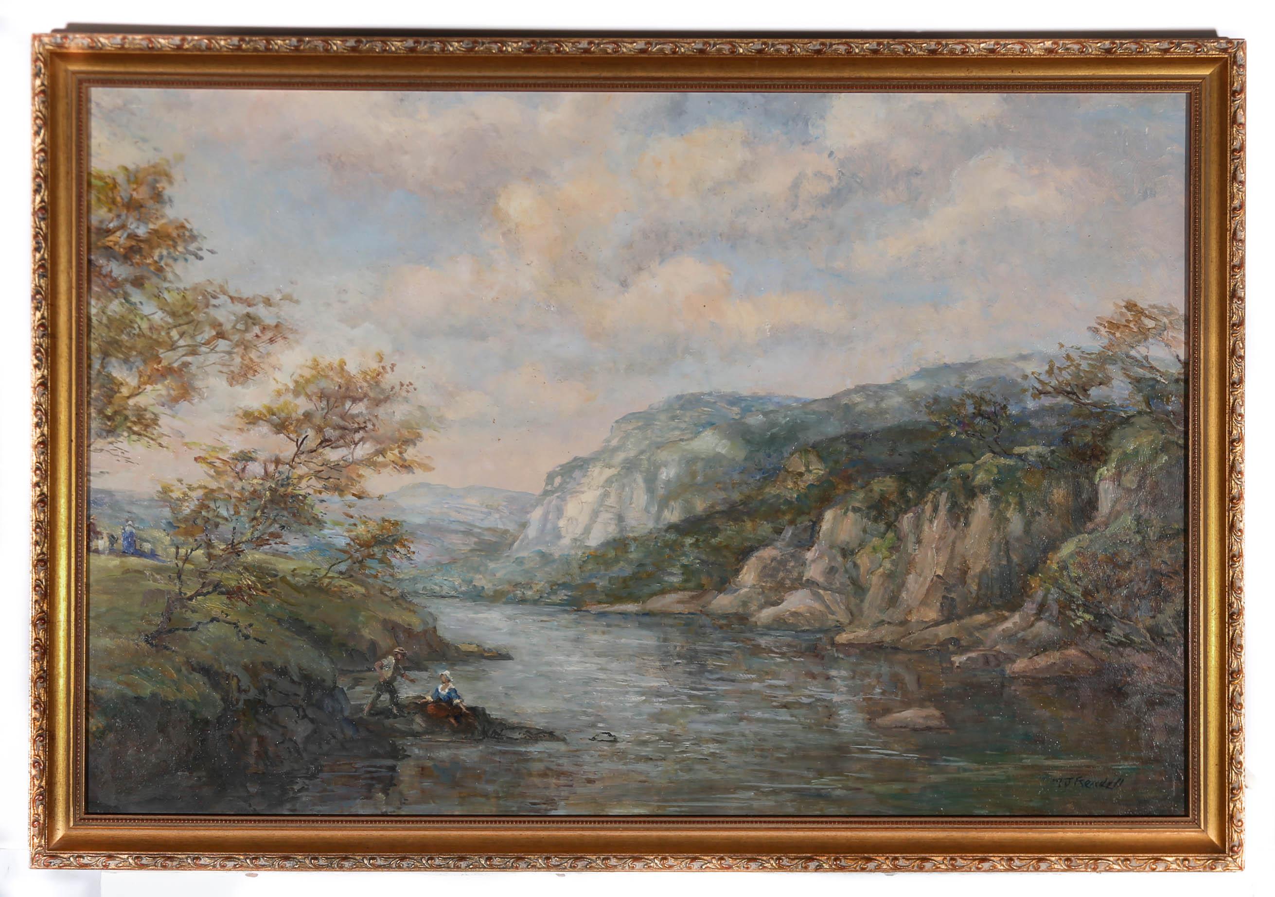 Un olio impressionista dell'artista M.J. Rendell (1896-1980), che raffigura un vasto paesaggio fluviale con figure che si aiutano a vicenda a risalire dal bordo scivoloso del fiume. Il dipinto è firmato dall'artista nell'angolo inferiore destro. Ben