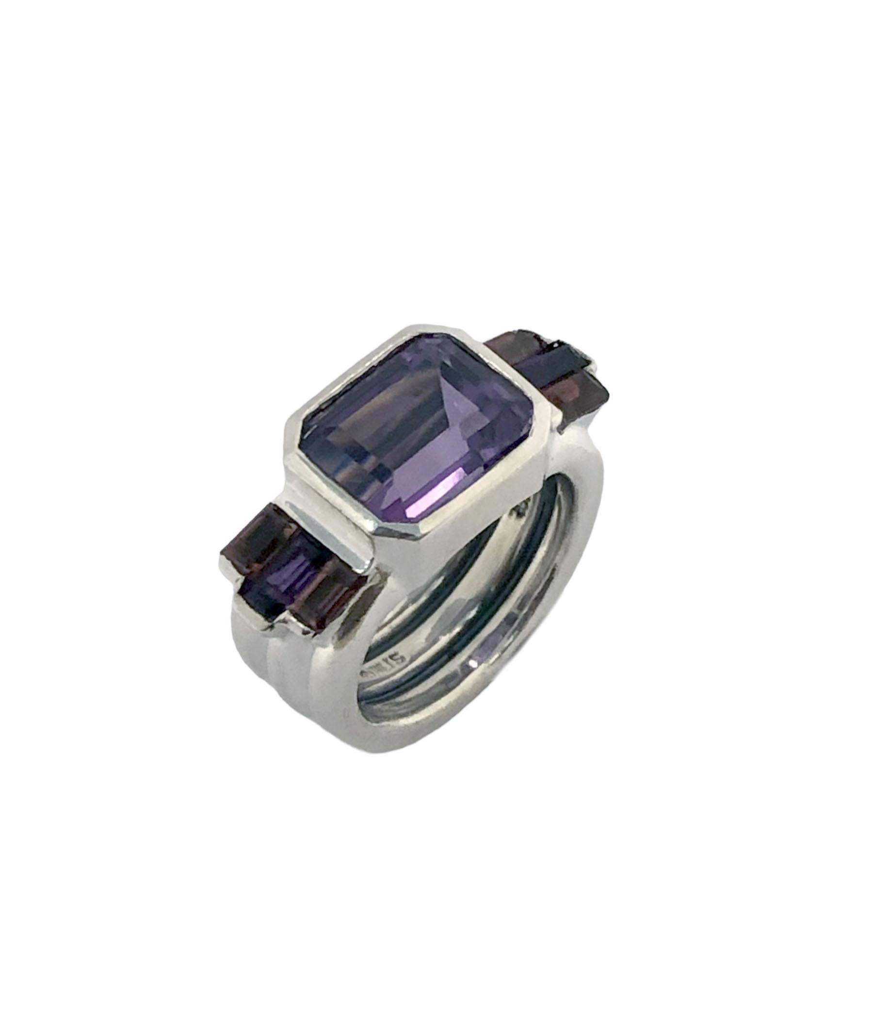Emerald Cut M & J Savitt Art Deco style Sterling Amethyst and Garnet Ring For Sale