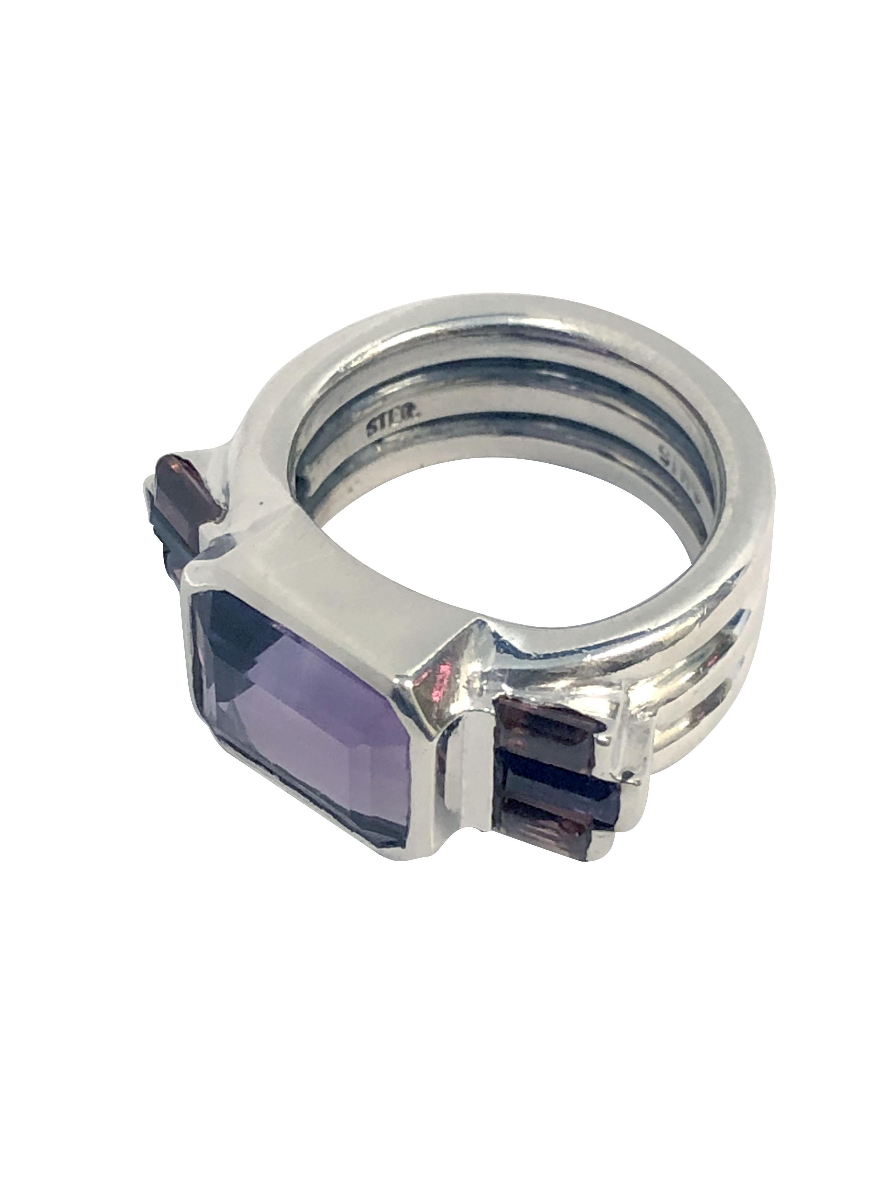 M & J Savitt Art Deco style Sterling Amethyst and Garnet Ring In Excellent Condition For Sale In Chicago, IL