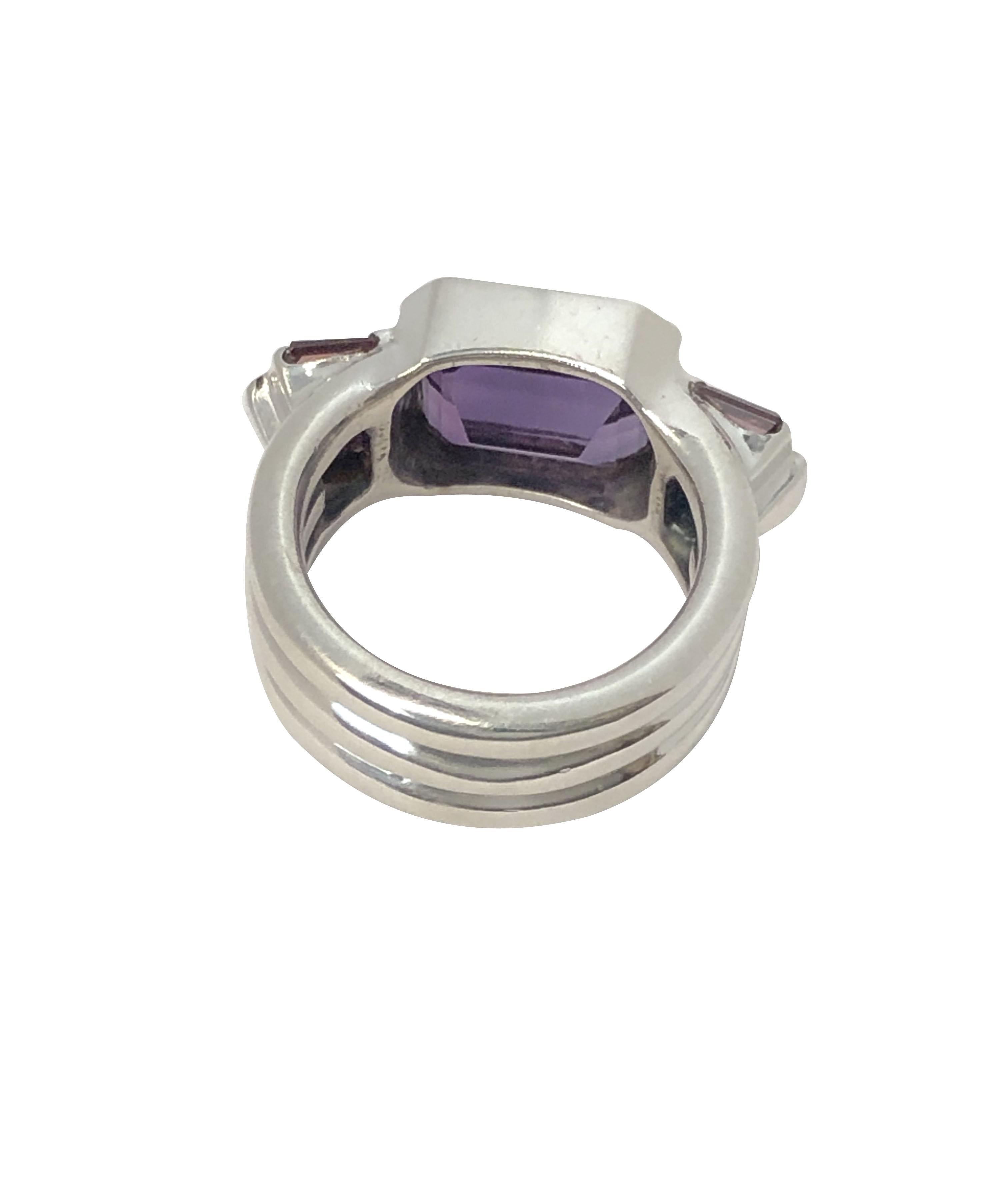 Women's or Men's M & J Savitt Art Deco style Sterling Amethyst and Garnet Ring For Sale