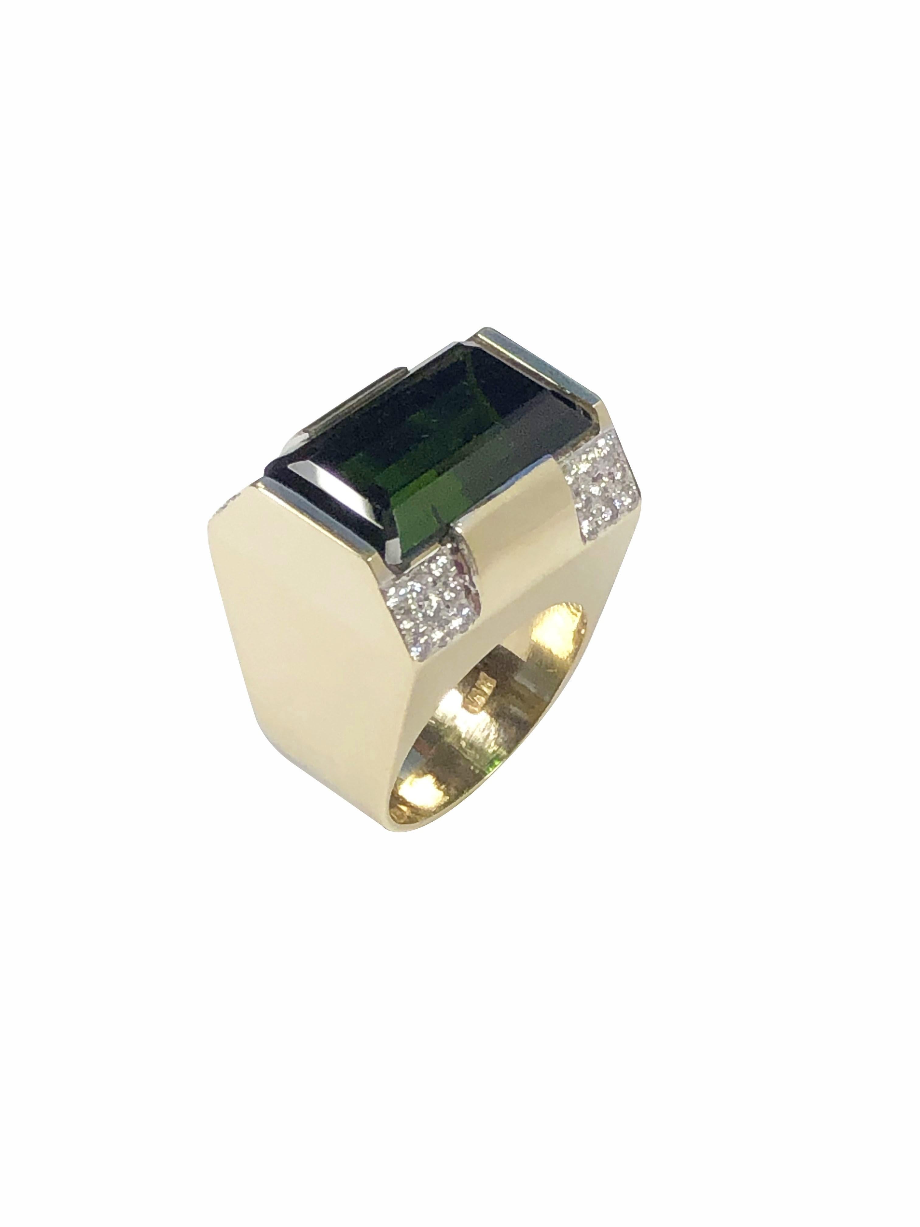 Emerald Cut M J Savitt Large Tourmaline Diamond and Yellow Gold Ring