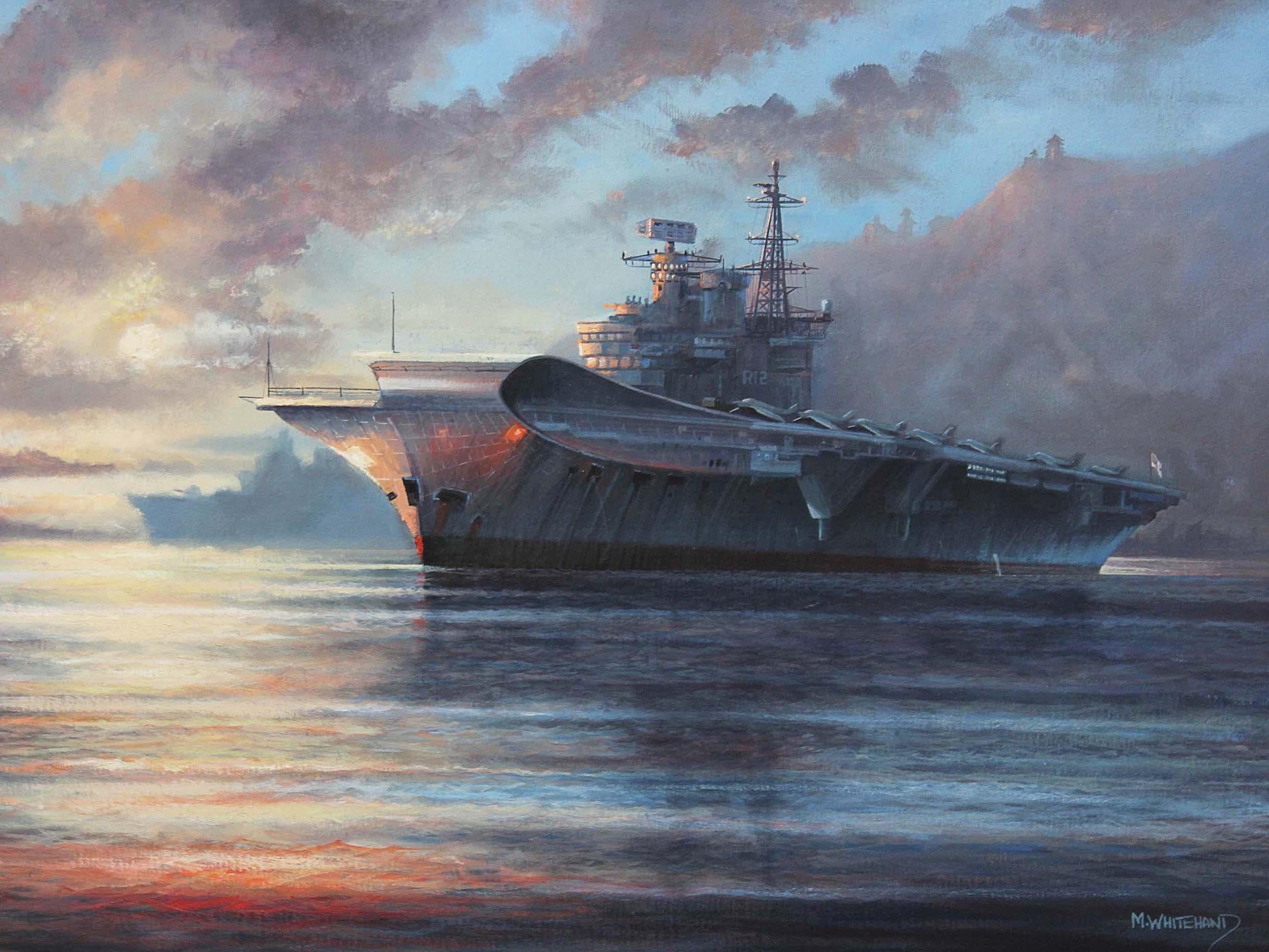 Large oil painting by Michael James Whitehand depicting the British HMS Hermes aircraft carrier shortly after the Falklands War. The artwork exudes a captivating atmosphere and skillful use of light.

Similar-sized paintings by this artist have