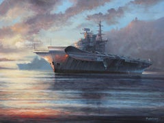 M J Whitehand's High-Quality Large Oil Painting of HMS Hermes Aircraft Carrier