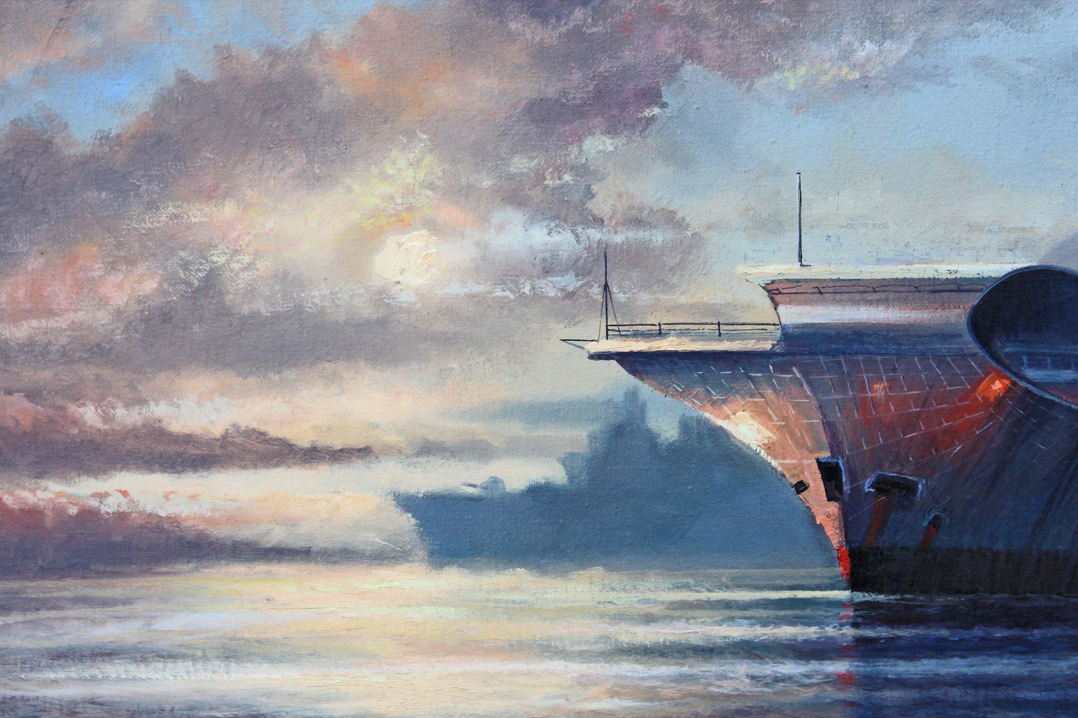 M J Whitehand's High-Quality Large Oil Painting of HMS Hermes Aircraft Carrier For Sale 4