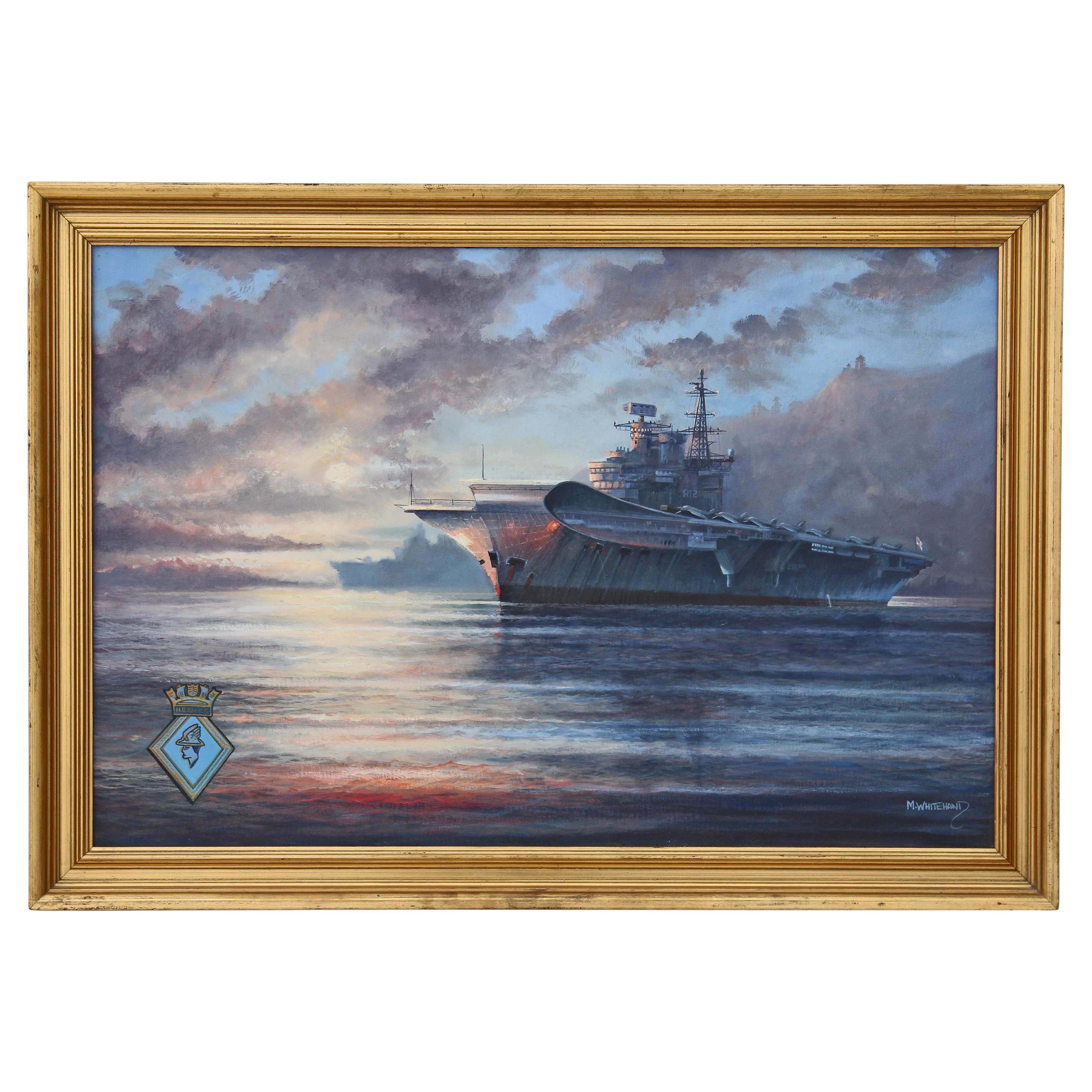 M J Whitehand's High-Quality Large Oil Painting of HMS Hermes Aircraft Carrier For Sale