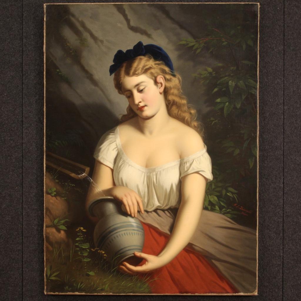 Elegant Austrian painting from the early 20th century. Artwork oil on canvas depicting a portrait of a young girl with a pitcher of excellent pictorial quality. Romantic painting finely painted in every detail, for antique dealers, interior