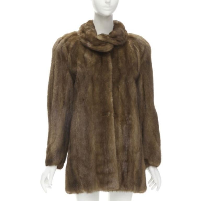 Black M JACQUES brown fur peter pan collar long sleeve hook eye coat jacket For Sale