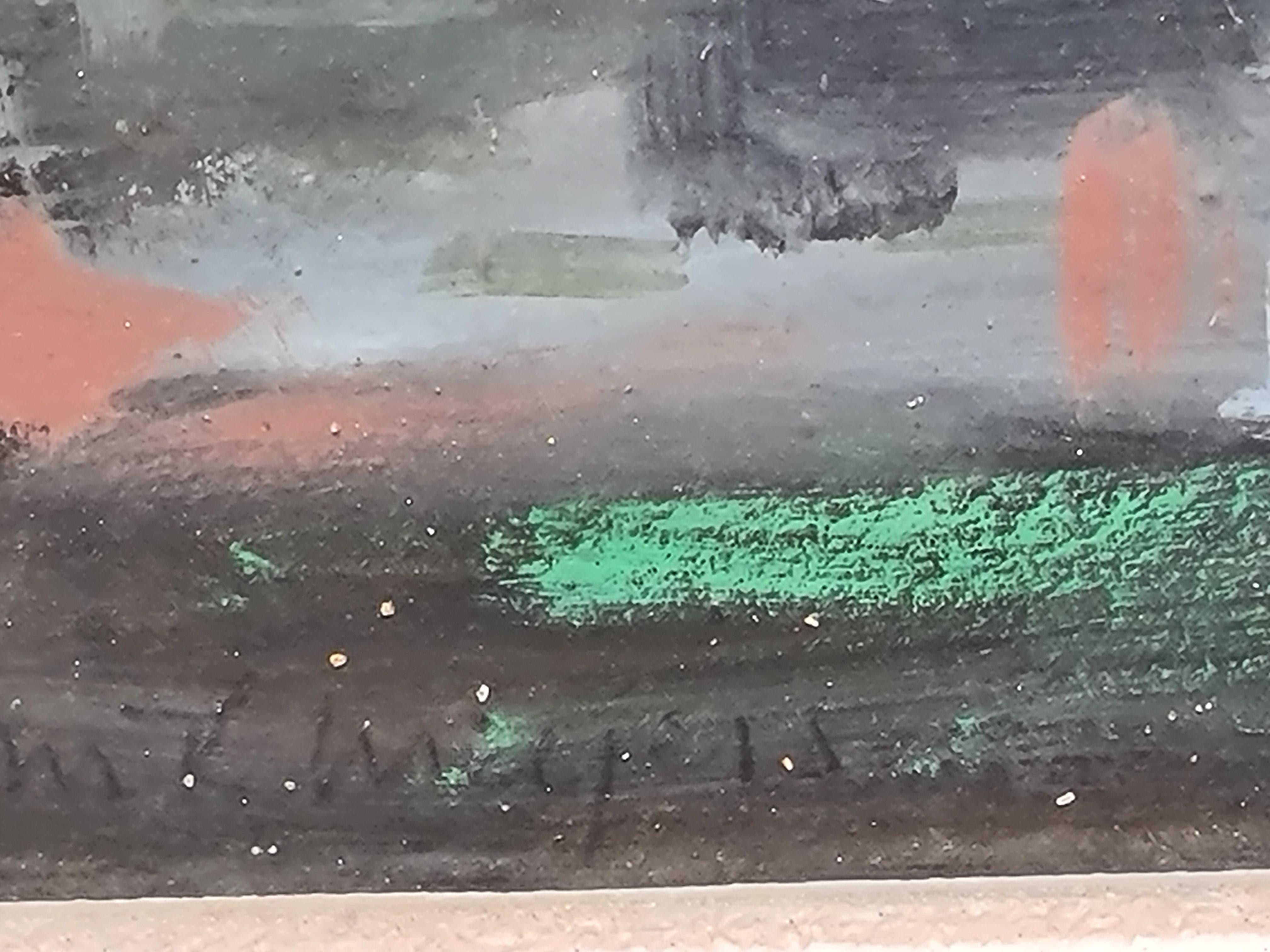 Vista impresionista moderna en gouache sobre papel de Londres y el río Támesis por M K Meyer. El cuadro está firmado abajo a la derecha y titulado al dorso 