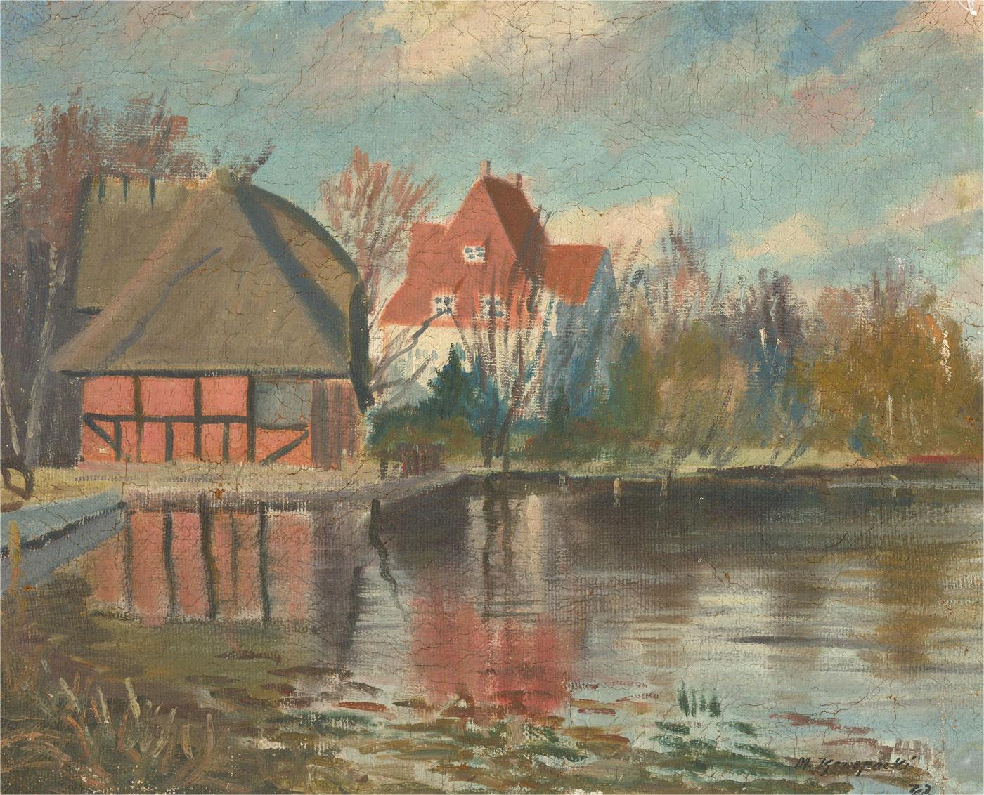 This charming landscape scene depicts houses in a Danish village on the verge of a calm lake. Painted in gestural brush strokes and a muted palette, capturing the tranquillity of the scene. Signed illegibly and dated to the lower right. On canvas on