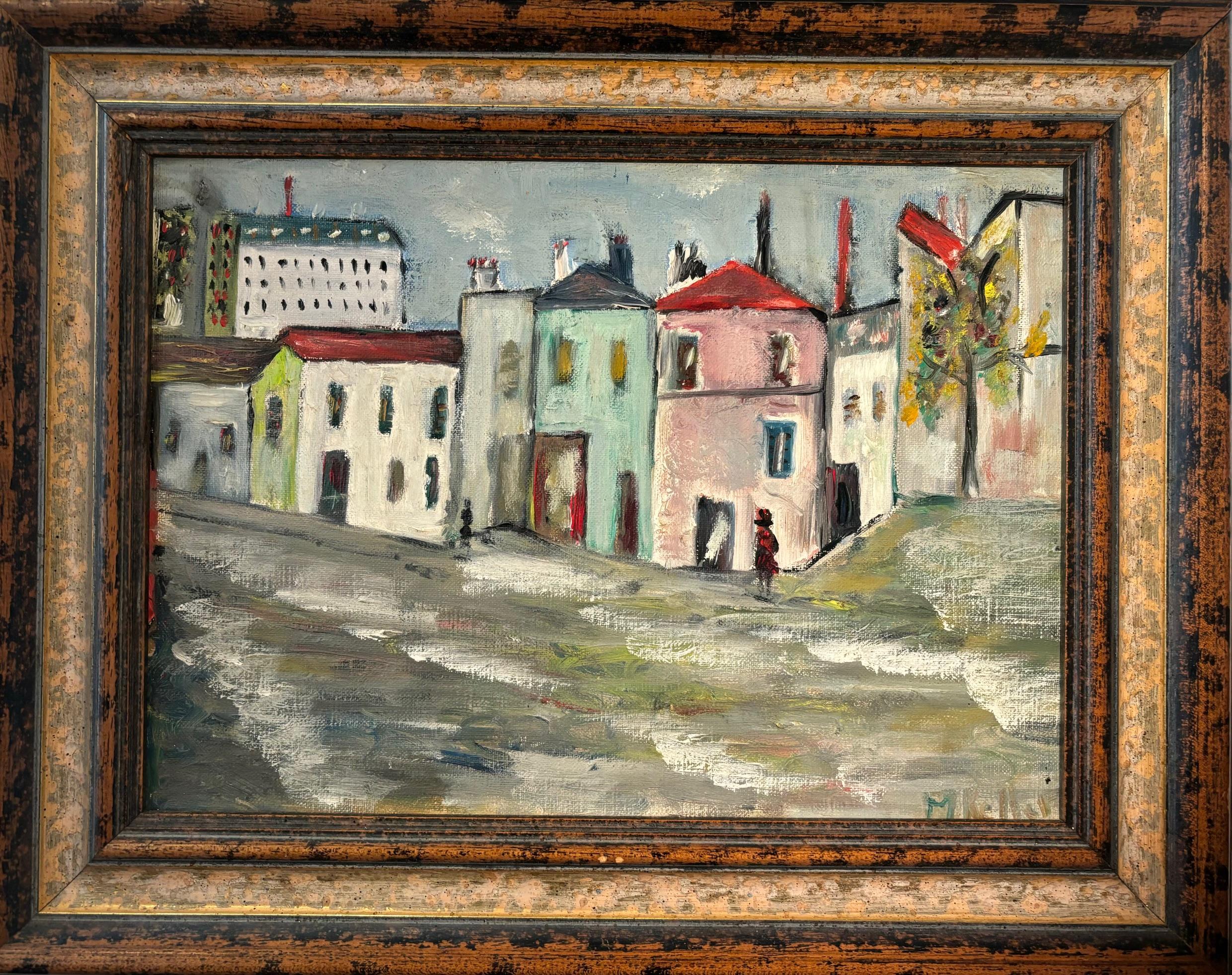 Colorful houses by M. Keller - Oil on canvas 24x34 cm For Sale 1