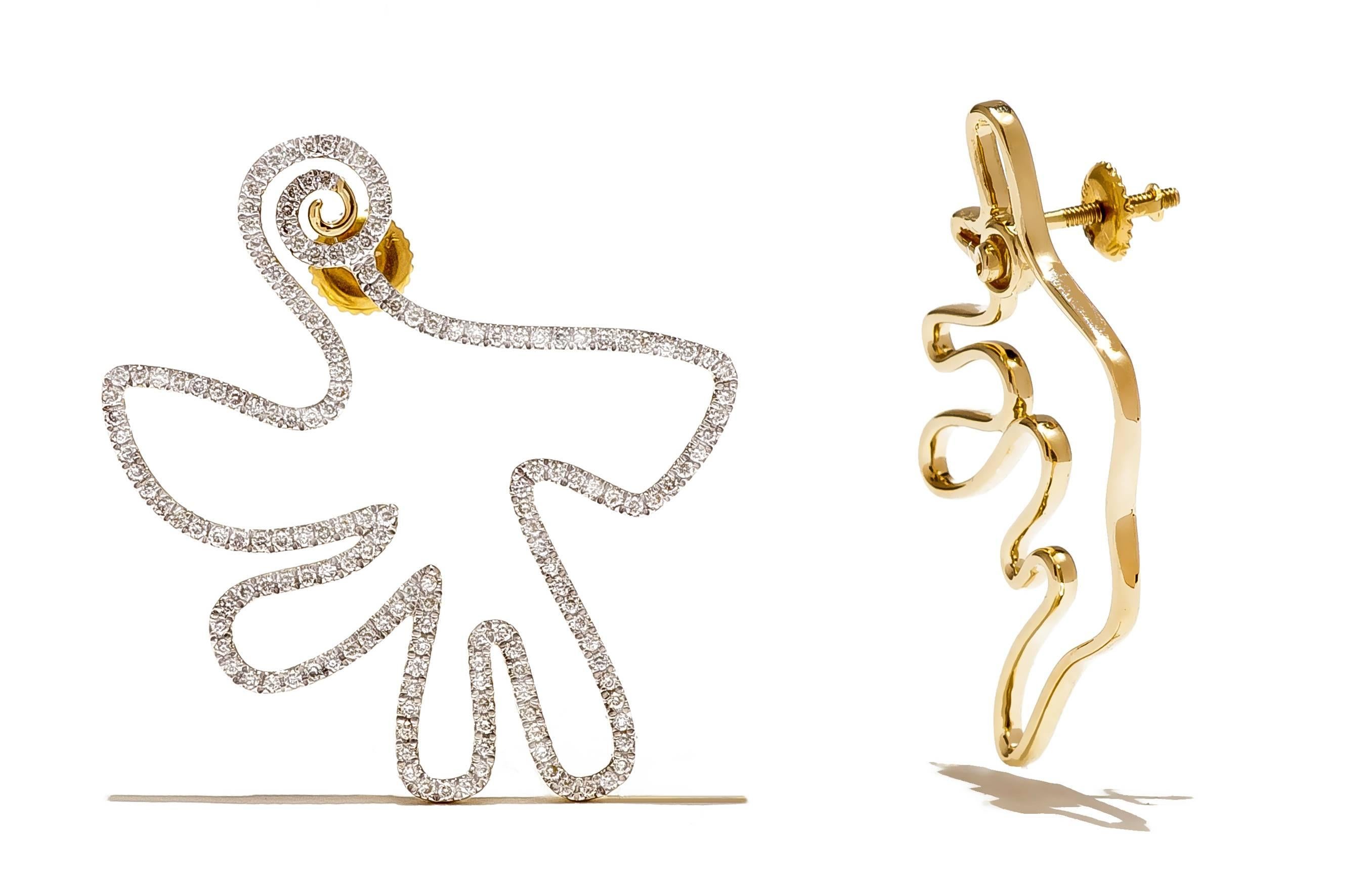 18K yellow gold, full-cut diamonds 0.91ctw. Pair of mismatched earrings. One is all-over micro-set pave diamonds, the other is yellow gold metal only. Each one has a different irregular undulating shape and are complimentary to each other. They are