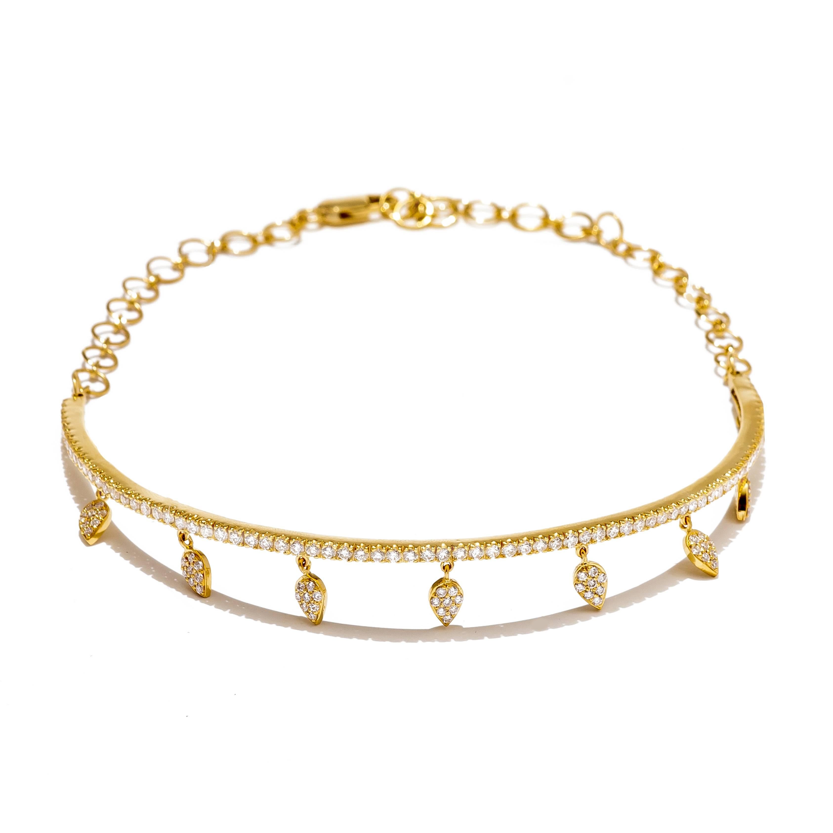 Handcrafted in 18 Karat yellow gold with diamonds weighing 4.18cts. This feminine choker has a stiff front diamond bar with a chain closure in the back, allowing for adjustability of size and placement on the neck. Each petal is hand articulated and