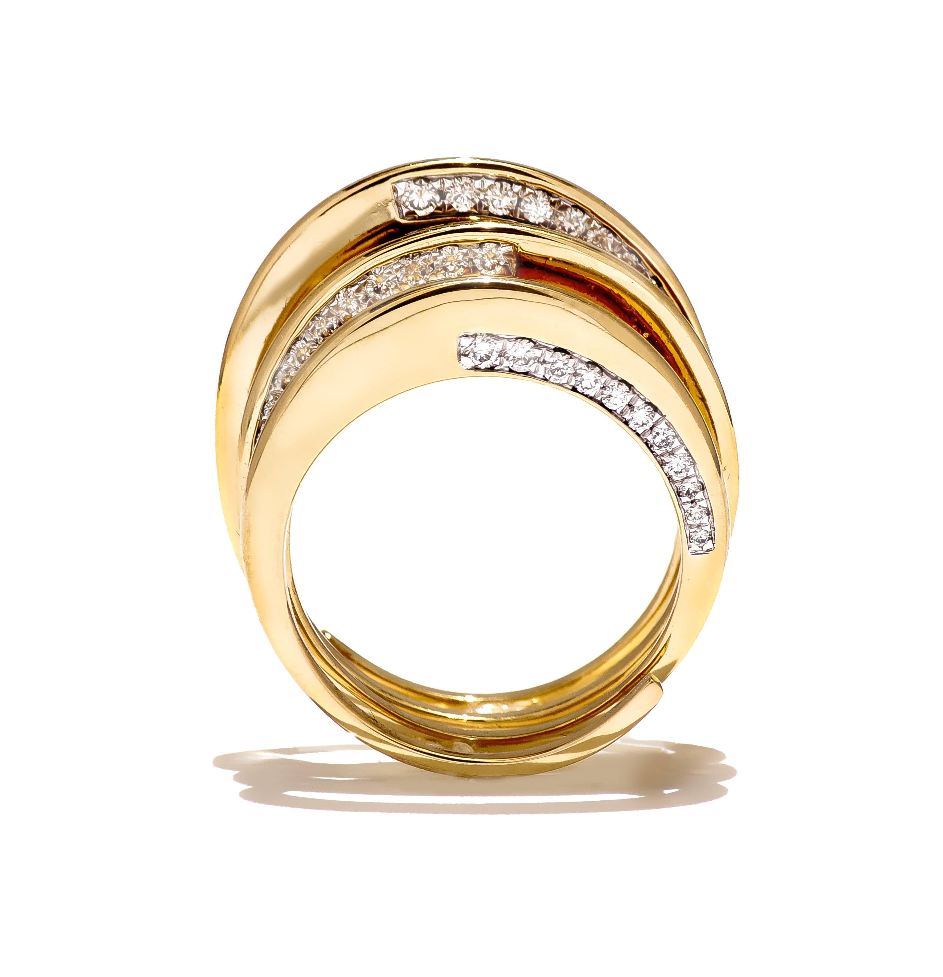 18K yellow gold full cut round diamonds 0.42 ctw, Unique spiral ring, that looks different from every angle when worn. 
Ring size US 7 (Alternative sizes available on a made to order basis, with an estimated delivery time of 4 weeks) Signed by M.