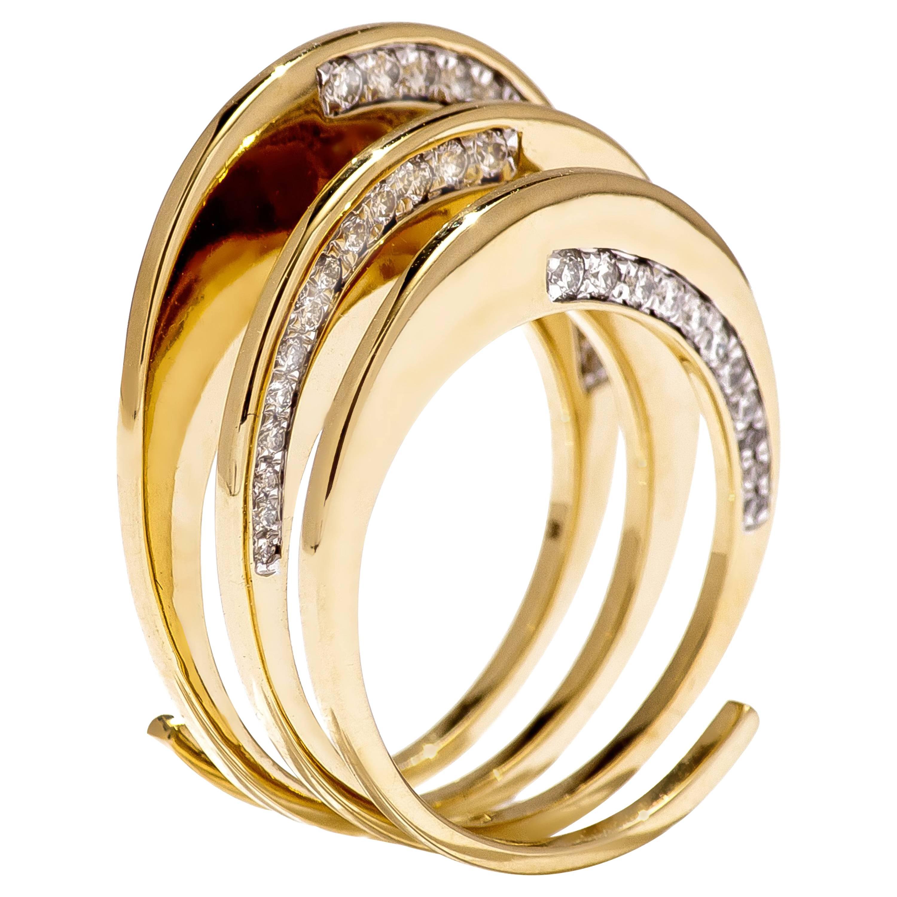M. Khatau 18K Yellow Gold and White Diamond Spiral Plato’s Cave Ring For Sale