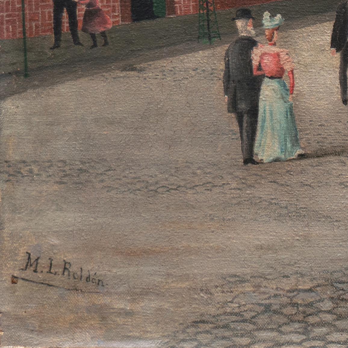 'Mexican Plaza', Palacio Municipal, Cobbled Square, Paseo, 19th Century Oil - Painting by M. L. Roldán