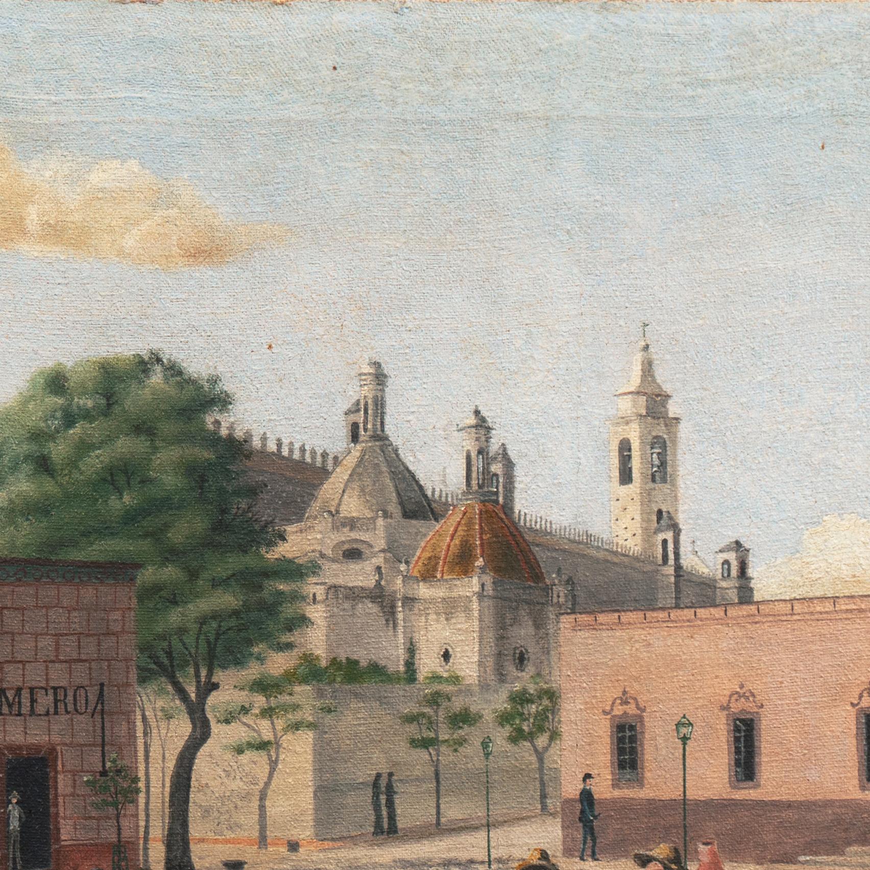 'Mexican Plaza', Palacio Municipal, Cobbled Square, Paseo, 19th Century Oil - Folk Art Painting by M. L. Roldán