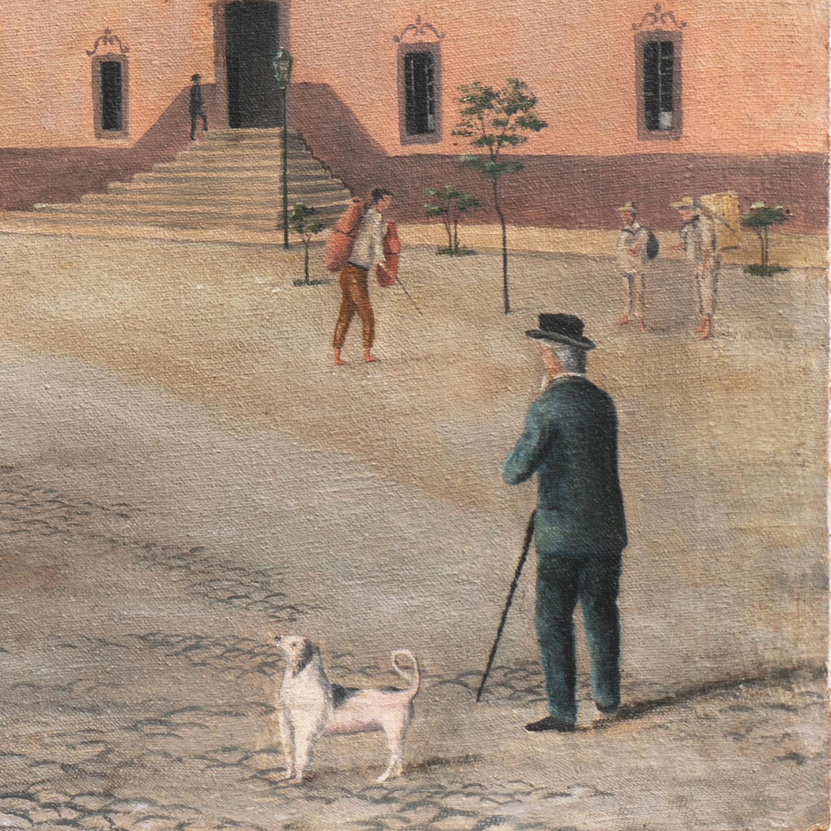 'Mexican Plaza', Palacio Municipal, Cobbled Square, Paseo, 19th Century Oil - Brown Landscape Painting by M. L. Roldán