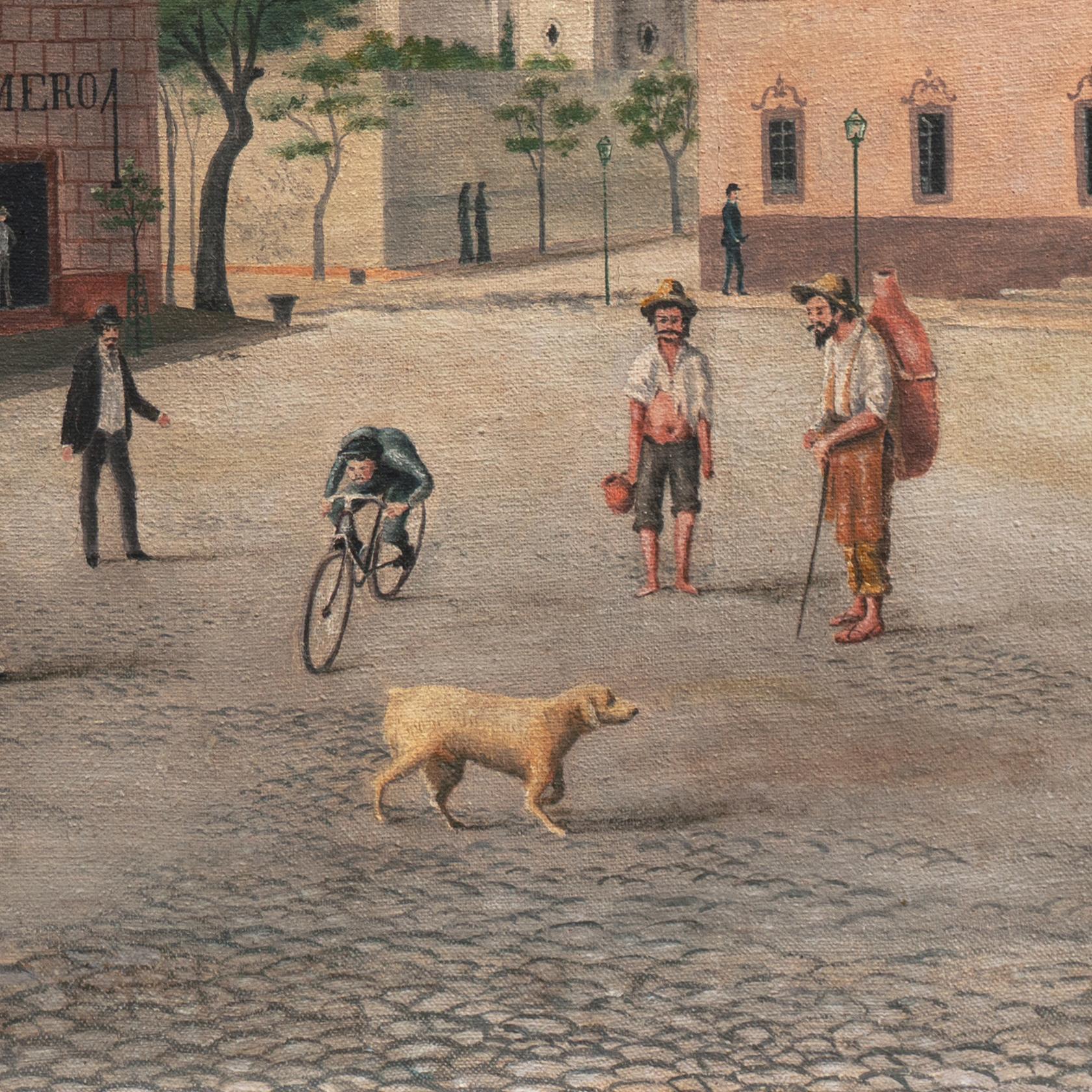 Signed lower left, 'M. L. Roldán' (Mexican, 19th Century) and painted circa 1890.

A cabinet-sized oil painting showing a view of the cobbled, central plaza of a provincial Mexican town with numerous pedestrians walking in front of the Palacio