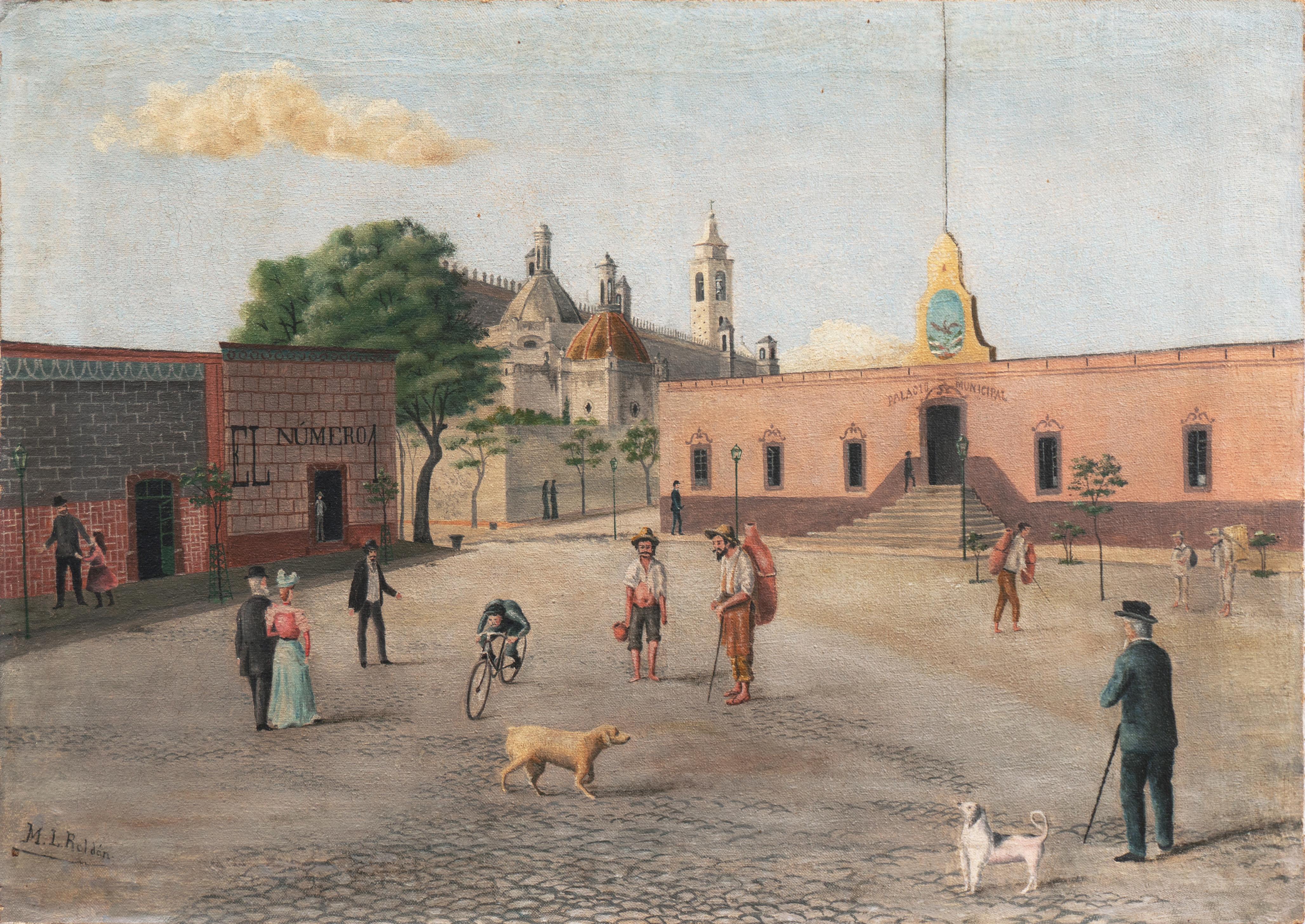 M. L. Roldán Landscape Painting - 'Mexican Plaza', Palacio Municipal, Cobbled Square, Paseo, 19th Century Oil