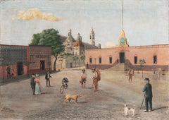 'Mexican Plaza', Palacio Municipal, Cobbled Square, Paseo, 19th Century Oil