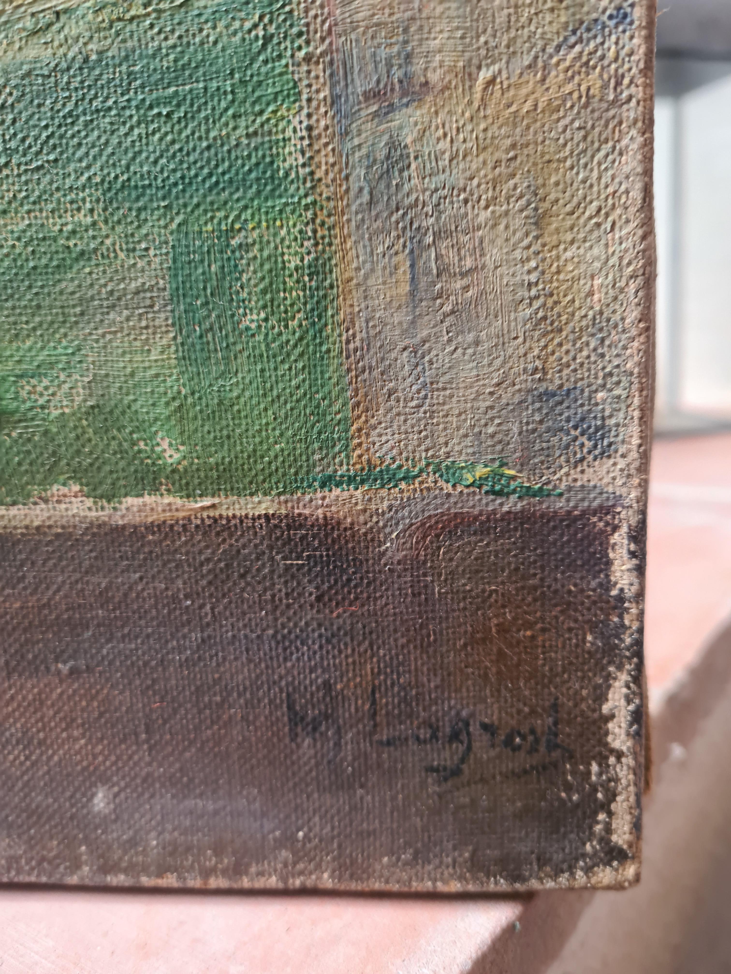 Peinture impressionniste française à l'huile sur toile, dans un jardin de monastère - Painting de M Lagrosk