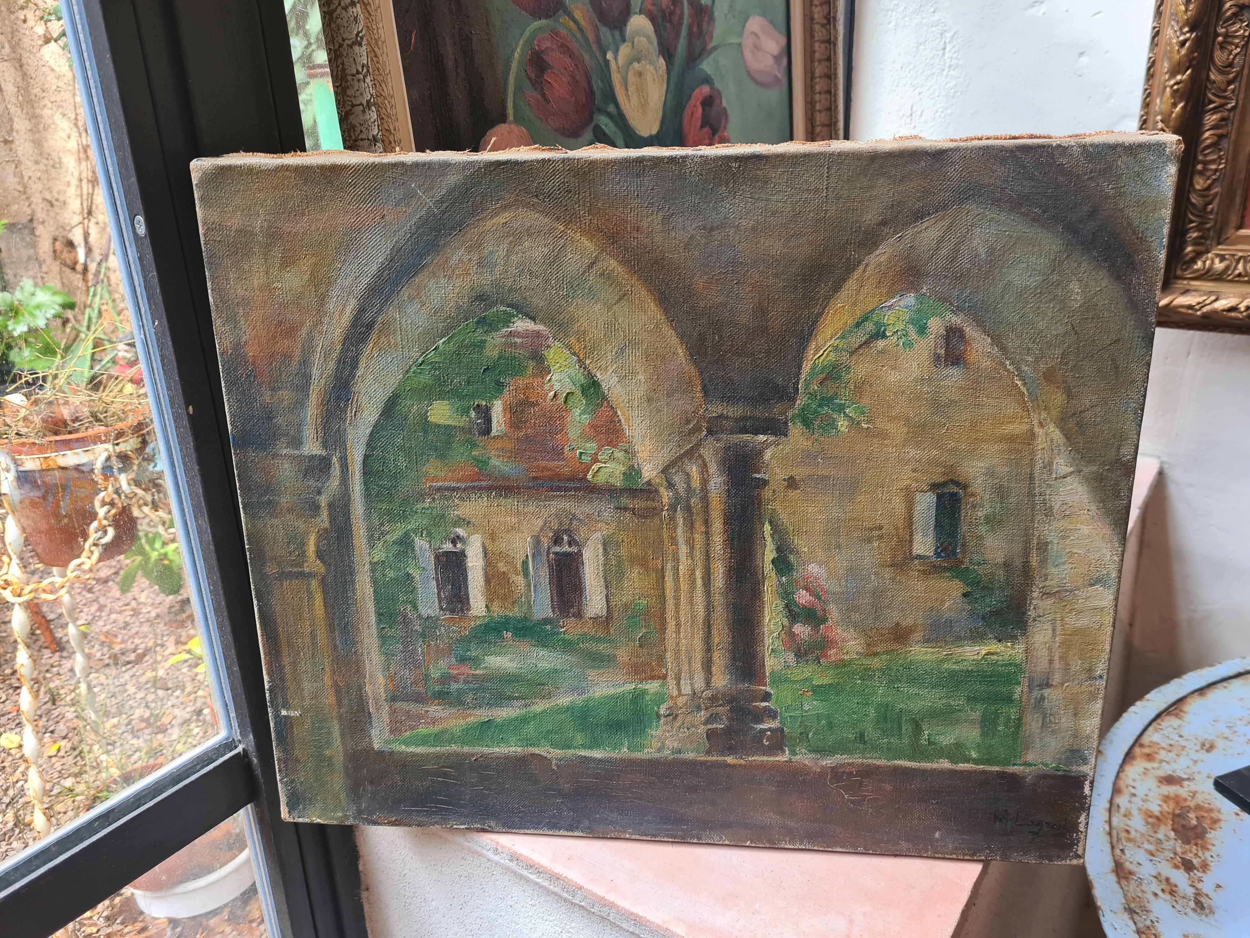 Peinture impressionniste française à l'huile sur toile, dans un jardin de monastère - Impressionnisme Painting par M Lagrosk