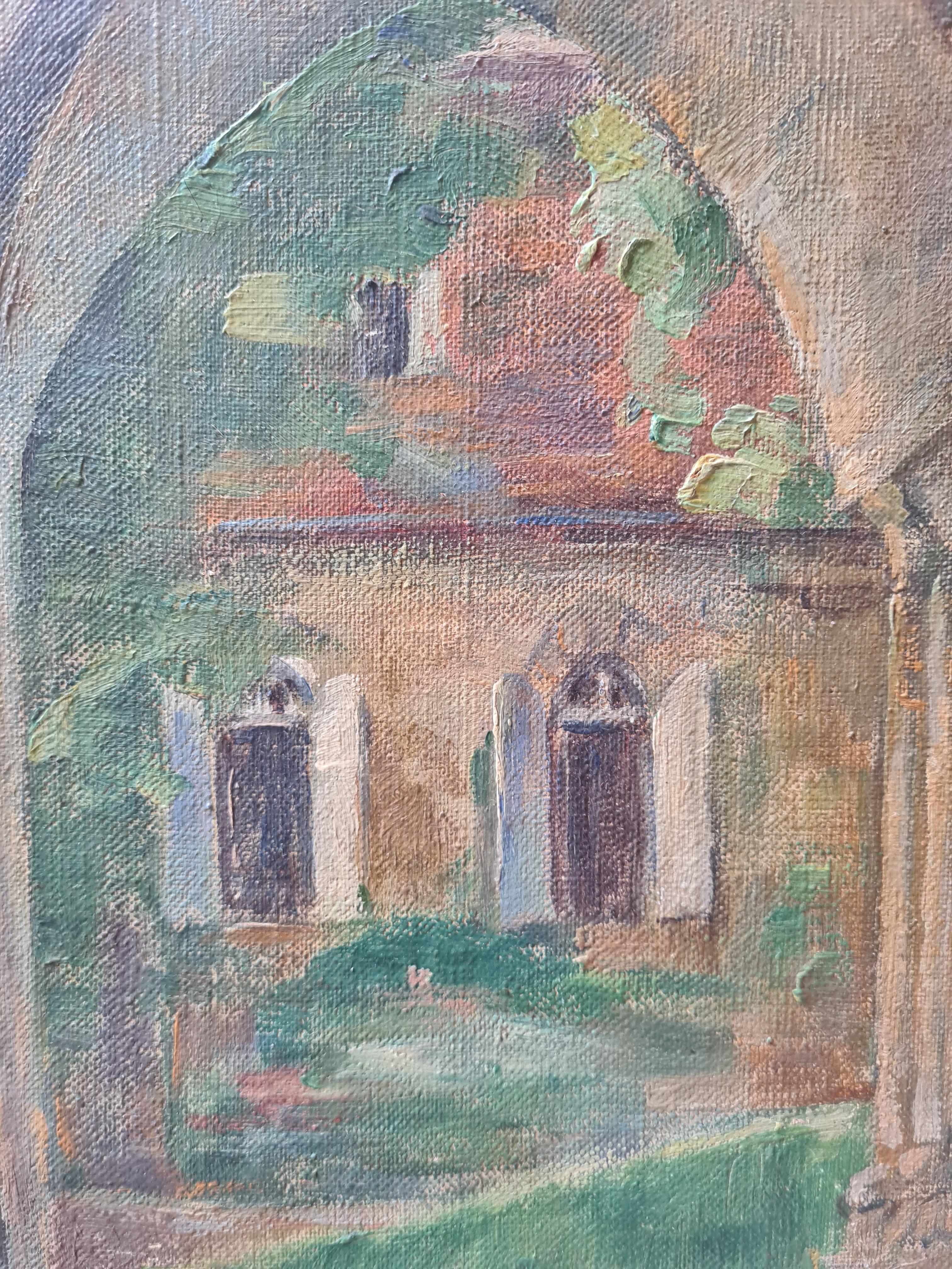 Peinture impressionniste française à l'huile sur toile, dans un jardin de monastère - Gris Landscape Painting par M Lagrosk