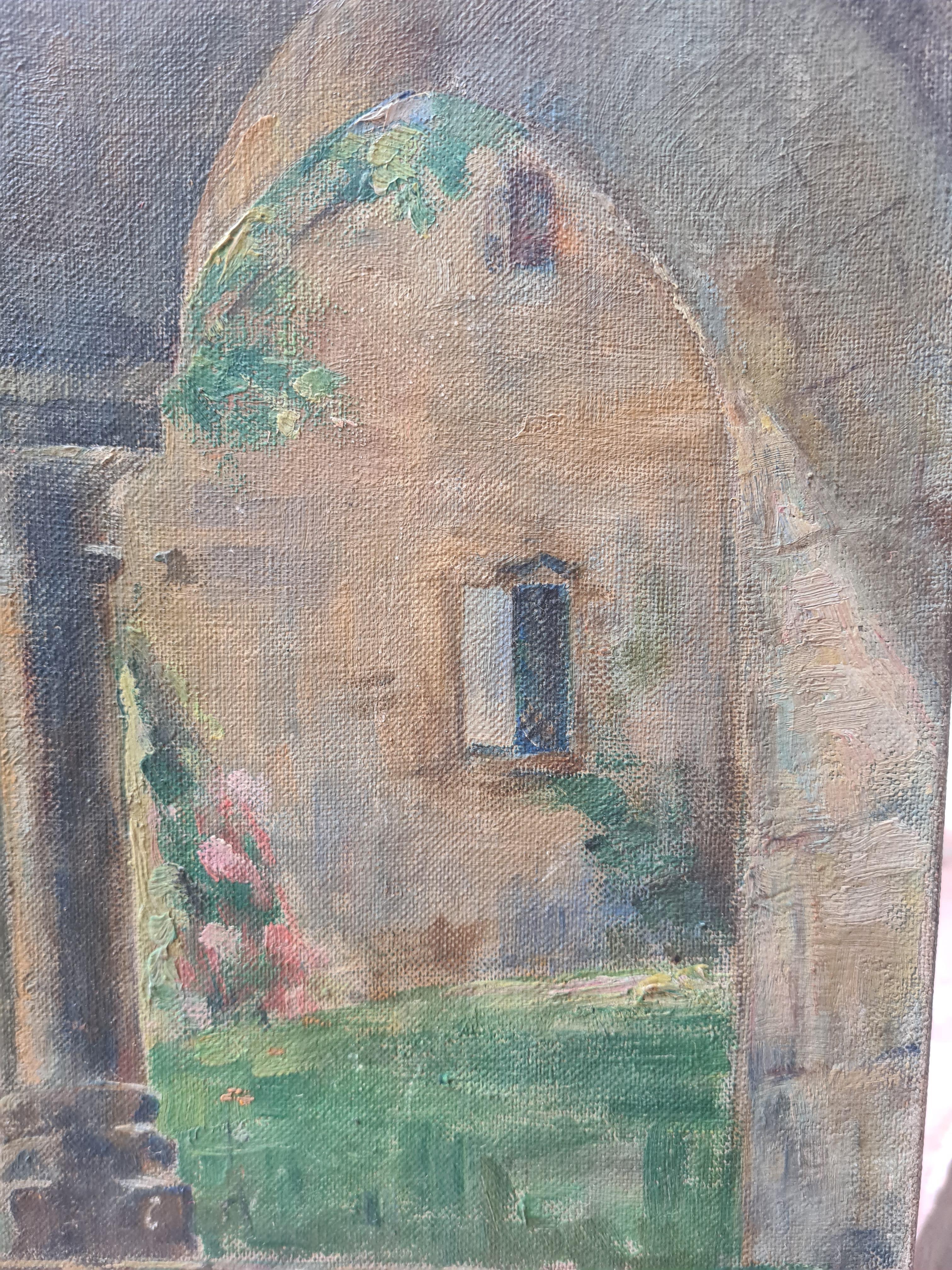 Huile sur toile du début du 20e siècle représentant un jardin par M-One. Le tableau est signé en bas à droite. Il est intéressant de noter qu'au dos du châssis se trouve un cachet commercial pour 'Montmartre, Blvd de Clichy', la rue où Picasso a