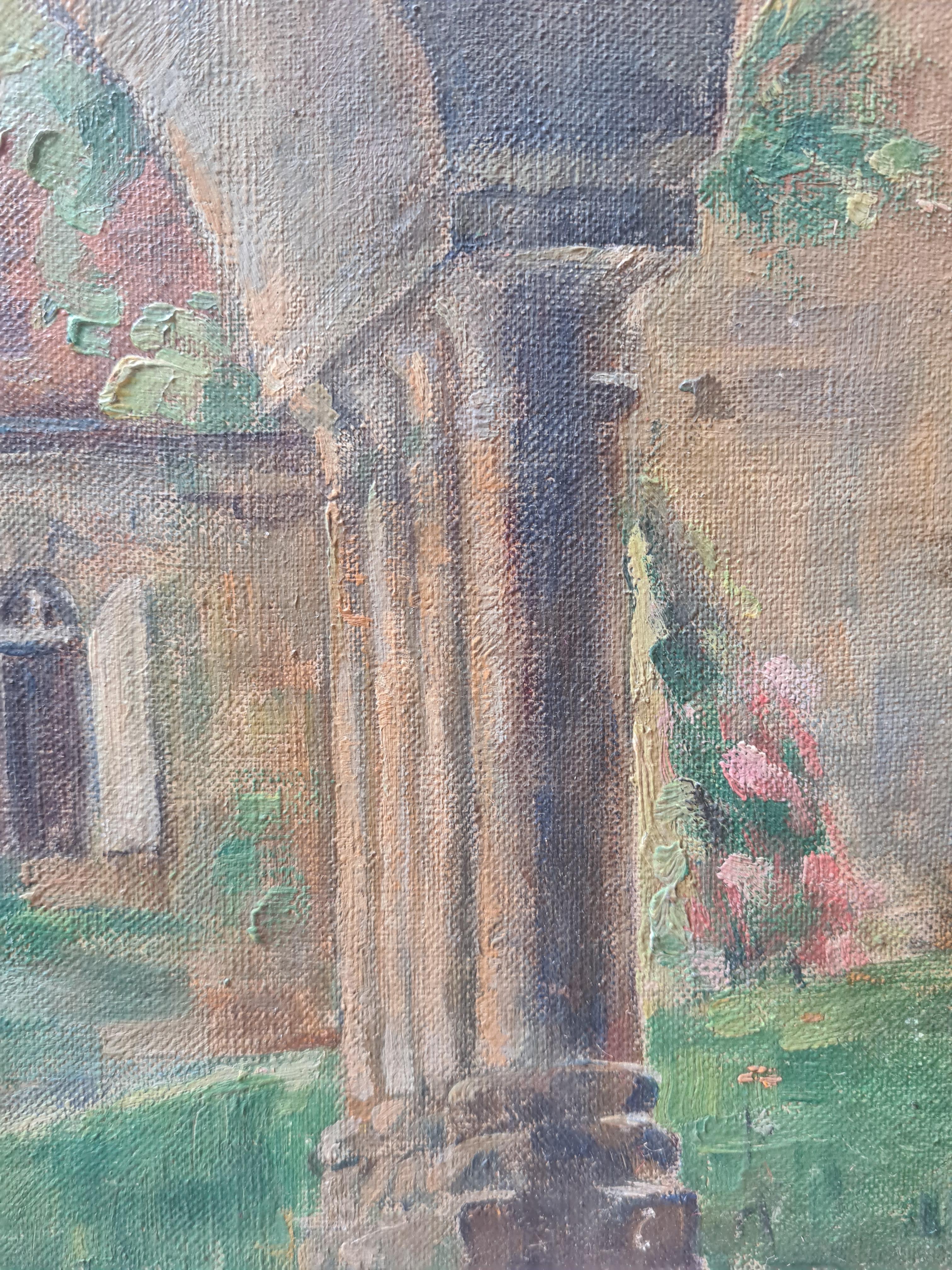 Peinture impressionniste française à l'huile sur toile, dans un jardin de monastère en vente 1