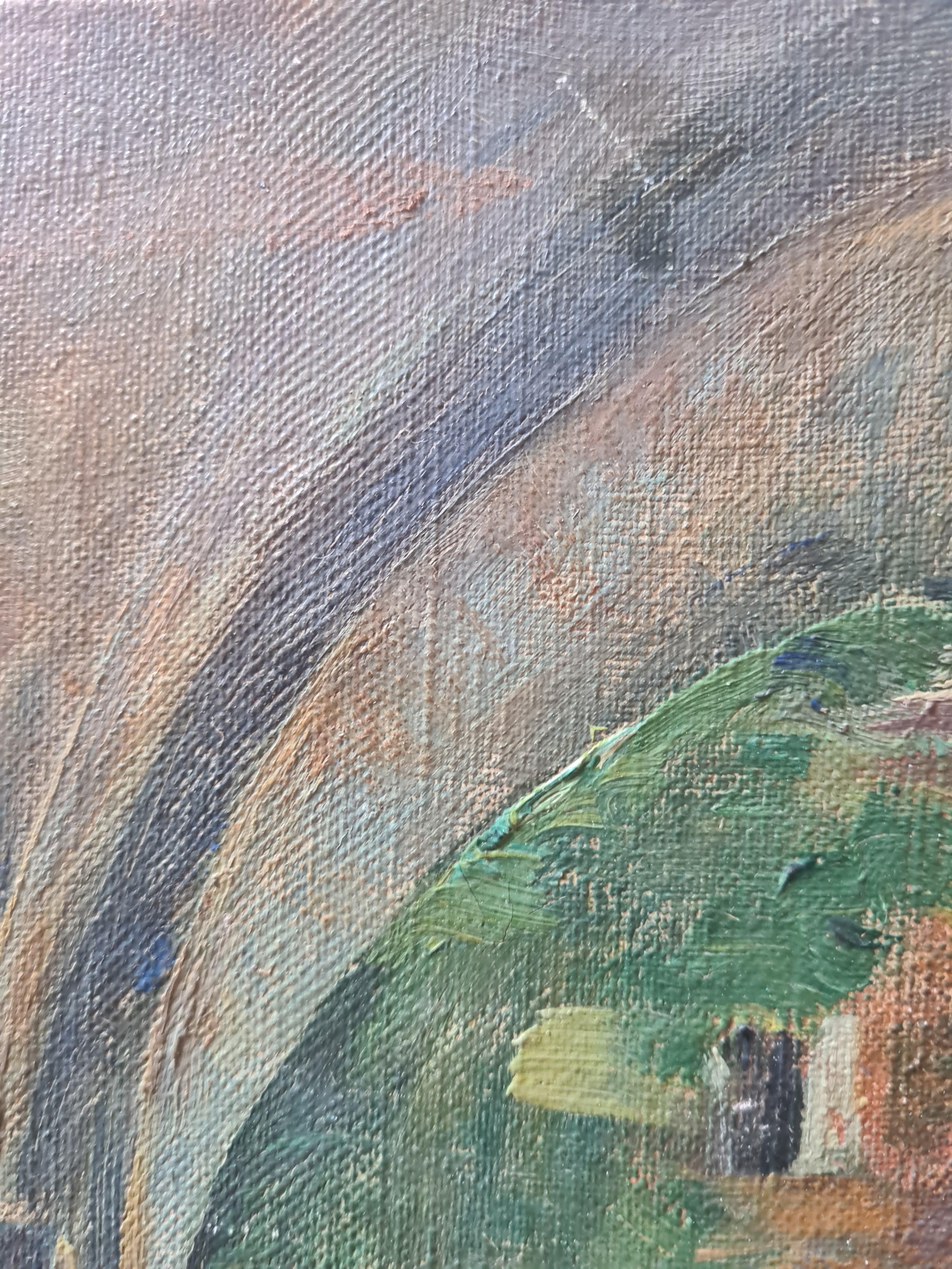 Peinture impressionniste française à l'huile sur toile, dans un jardin de monastère en vente 2