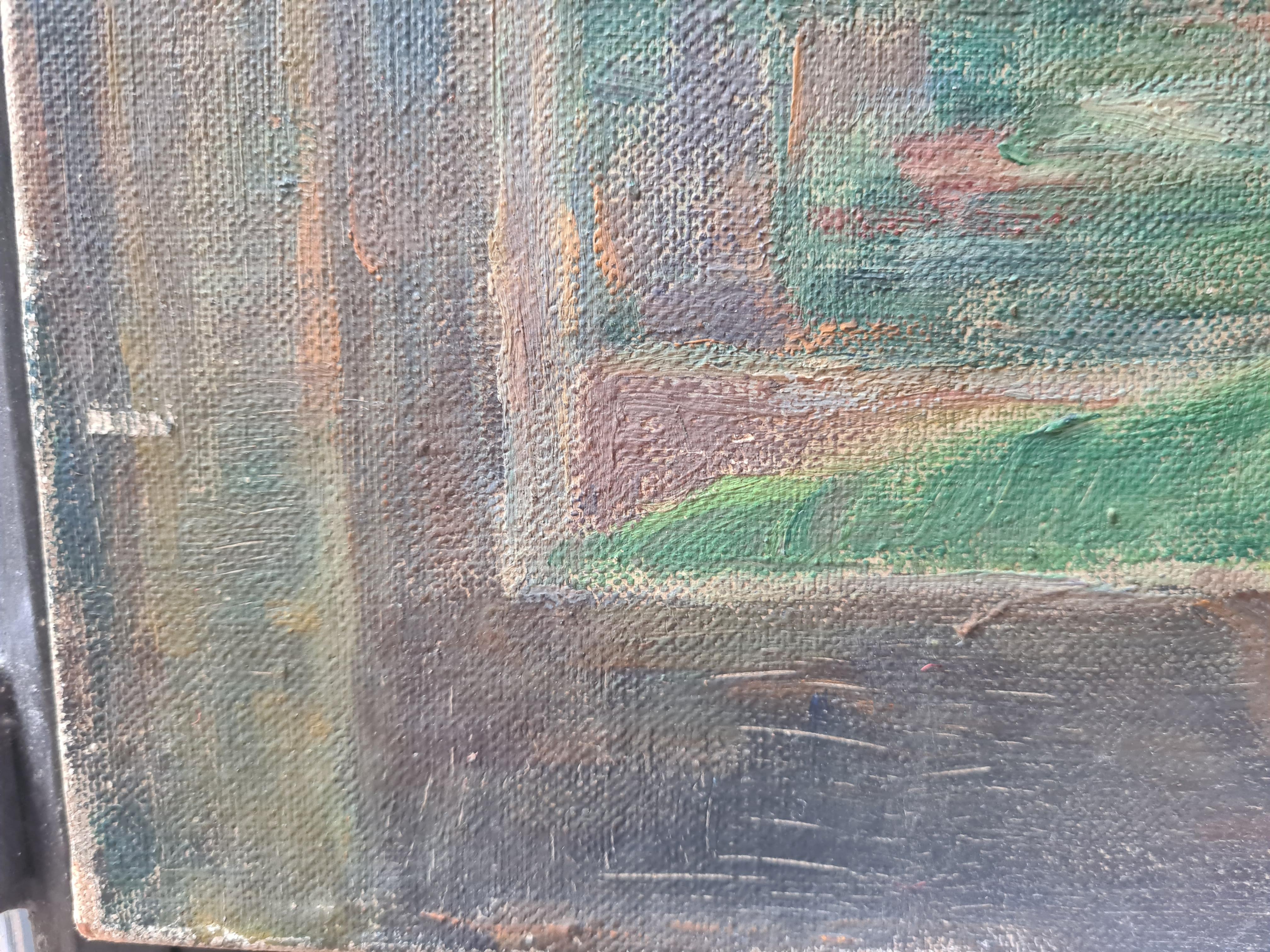 Peinture impressionniste française à l'huile sur toile, dans un jardin de monastère en vente 3
