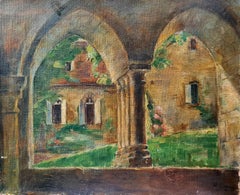 Pintura impresionista francesa al óleo sobre lienzo, En el jardín de un monasterio