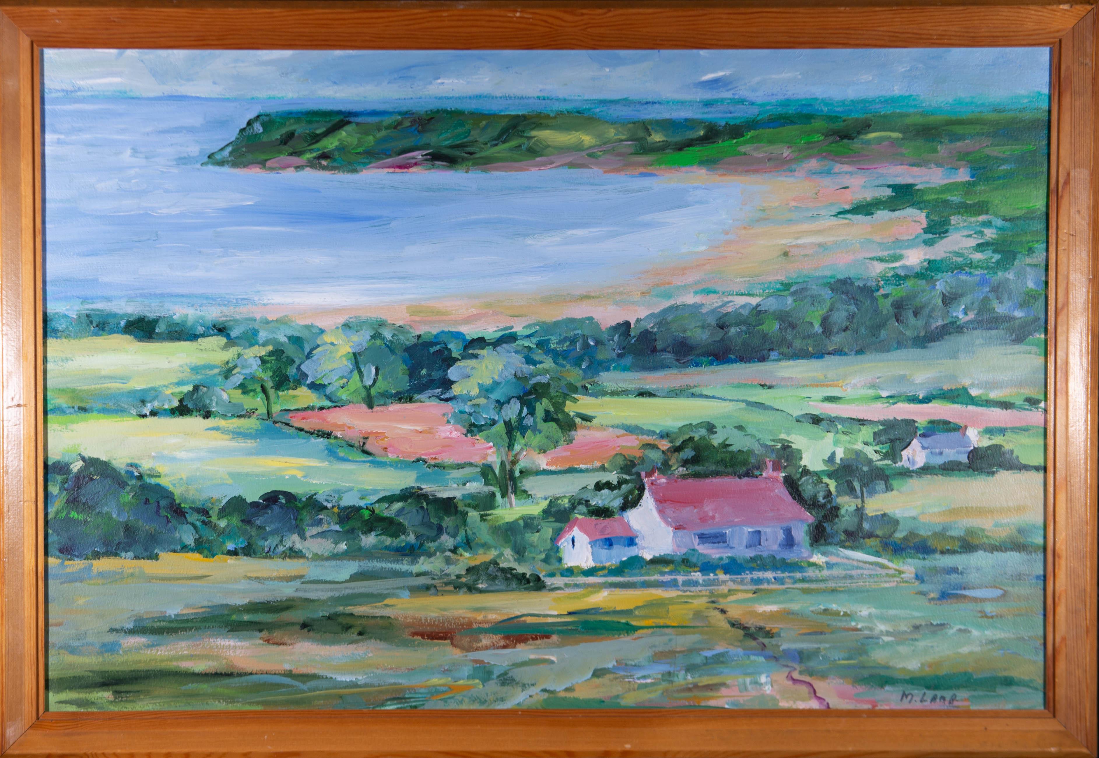 A coastal scene a the Gower Peninsula in Wales. Presented in a wooden frame. Signed to the lower-right edge. On board.
