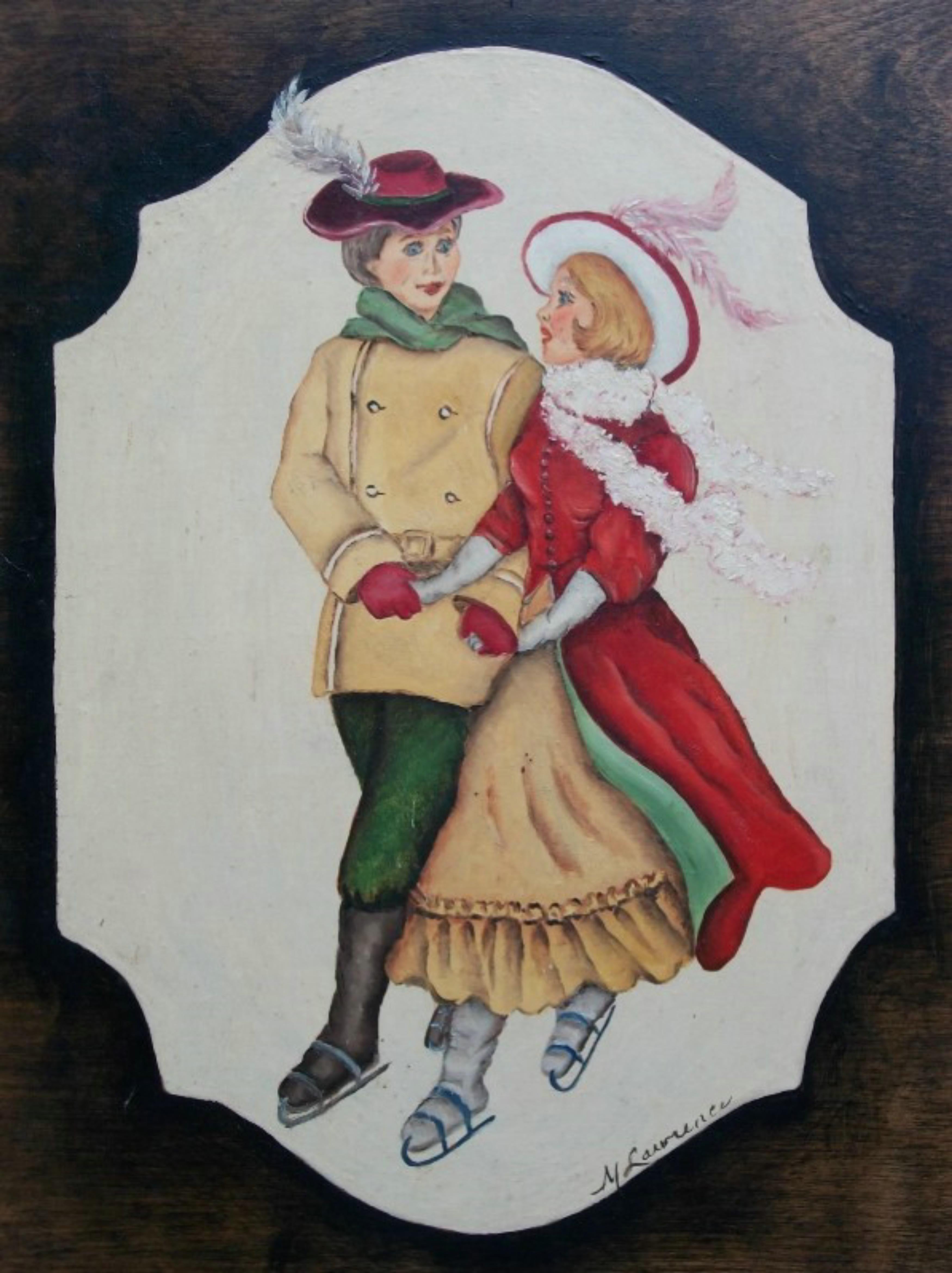 M. LAWRENCE - Peinture à l'huile vintage de style tyrolien sur panneau de contreplaqué - sans titre - côtés et dos finis - thème de Noël/hiver - signée en bas à droite - fin du 20ème siècle.

Excellent état vintage - couleurs vives et fortes - pas