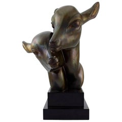 M. Leducq French Sculptor, Art Deco Bronze Figure of Two Young Deer