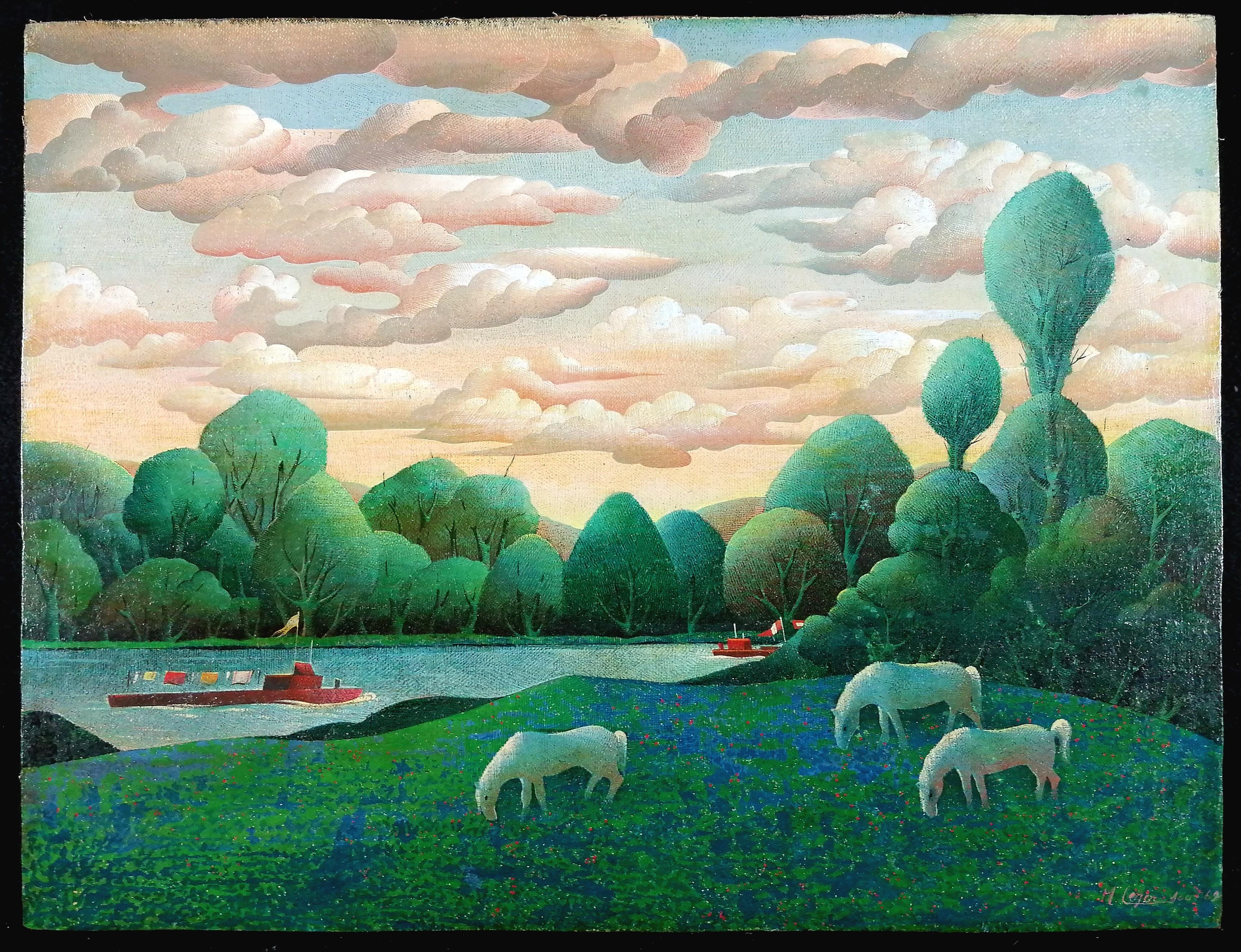 Flusslandschaft - Mitte 20. Jahrhundert Französisch Pferde Boote Wolken Ölgemälde – Painting von M. Leger