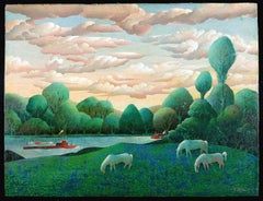 River Landscape - Mid 20th Century French Horses Boats Clouds Oil Painting
