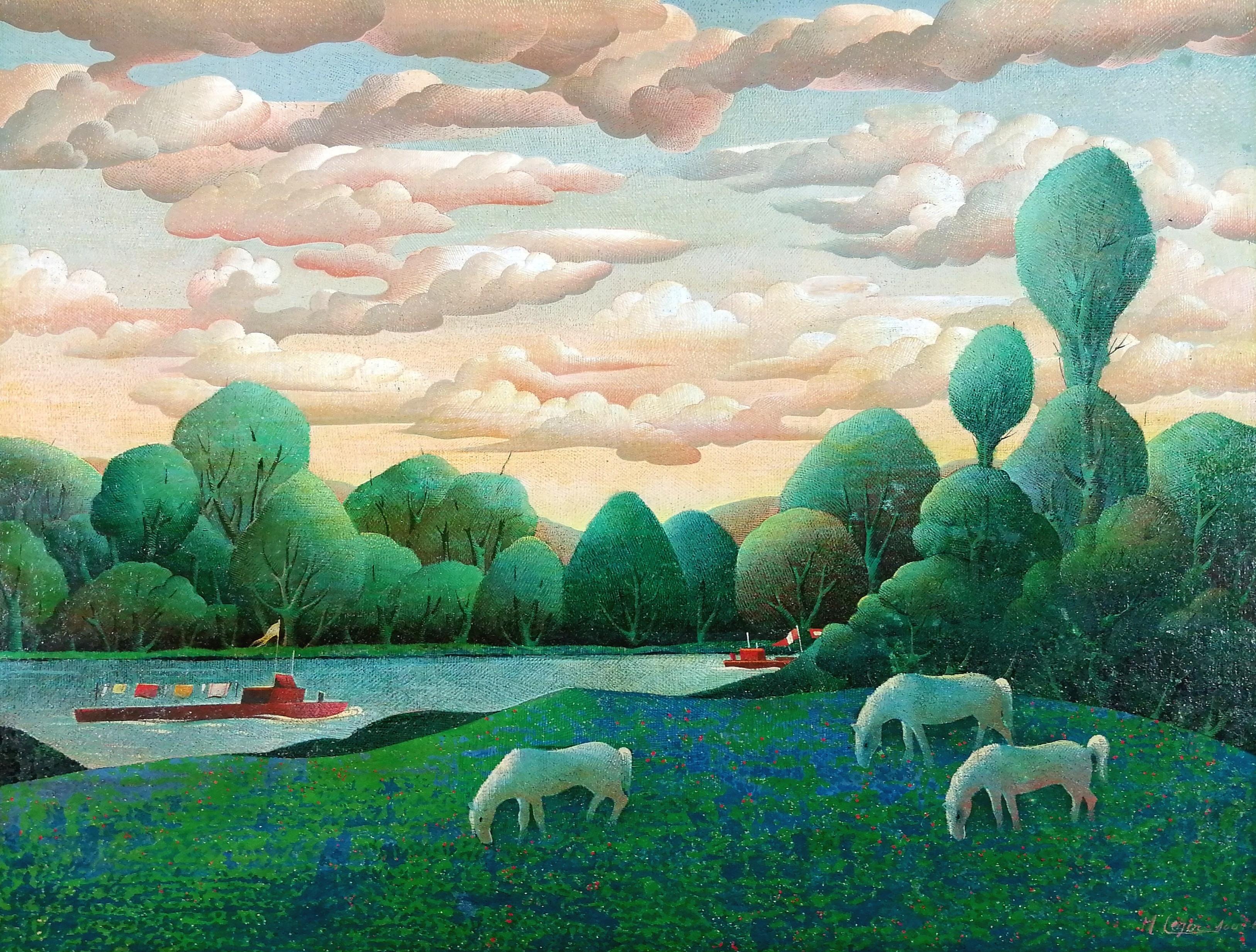 Flusslandschaft - Mitte 20. Jahrhundert Französisch Pferde Boote Wolken Ölgemälde (Blau), Landscape Painting, von M. Leger