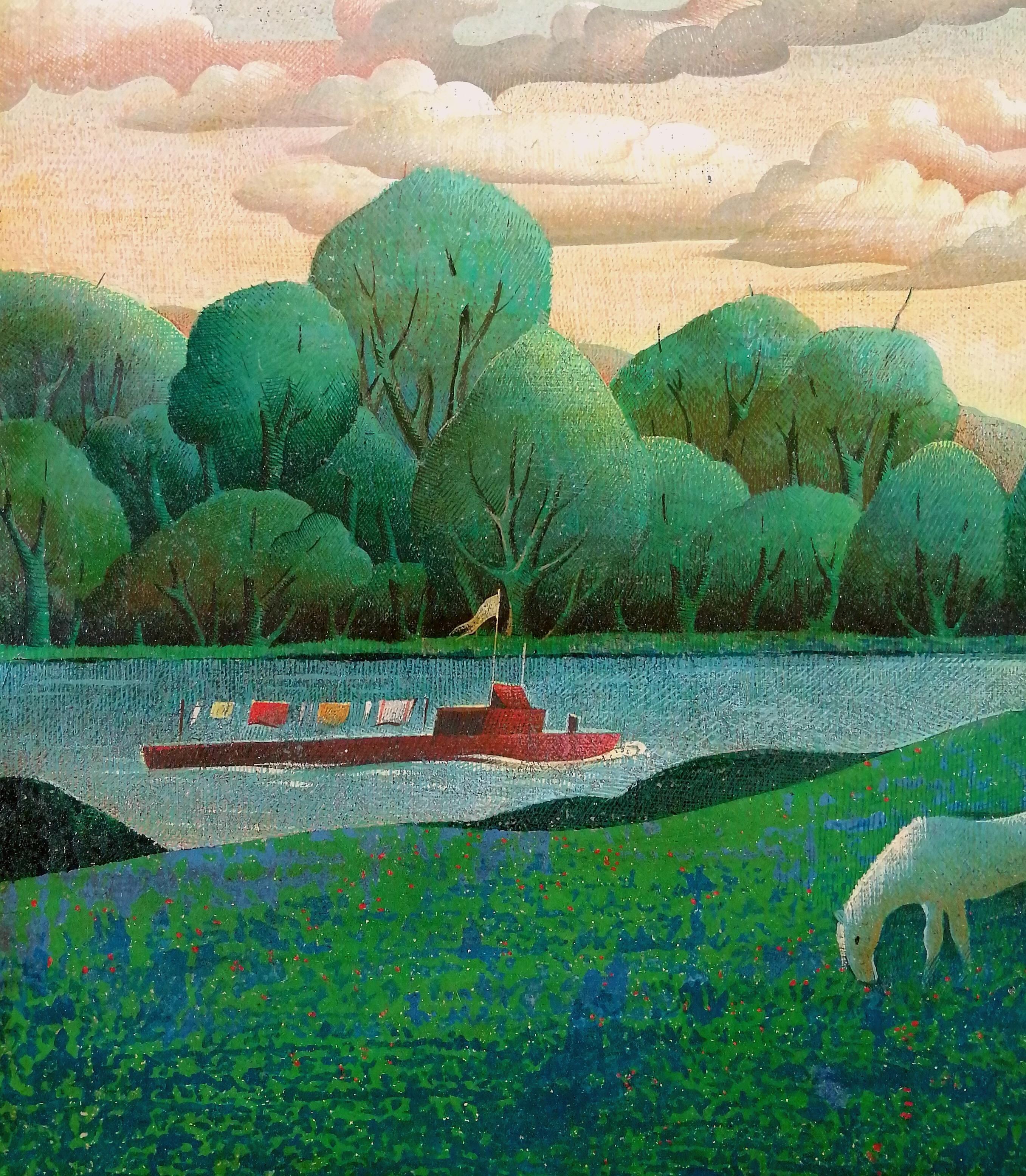 Ein sehr charmantes signiertes und datiertes französisches Ölgemälde von 1969, das Pferde in einer Flusslandschaft mit Segelbooten darstellt. Gemalt im postimpressionistischen oder naiven Stil, der zu dieser Zeit sehr beliebt war. Ausgezeichnete