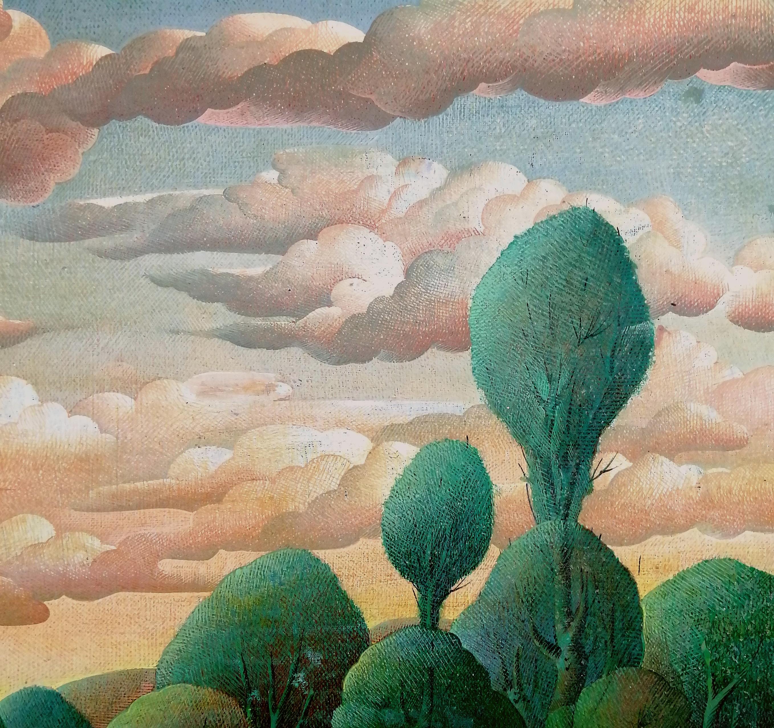 Flusslandschaft - Mitte 20. Jahrhundert Französisch Pferde Boote Wolken Ölgemälde im Angebot 1