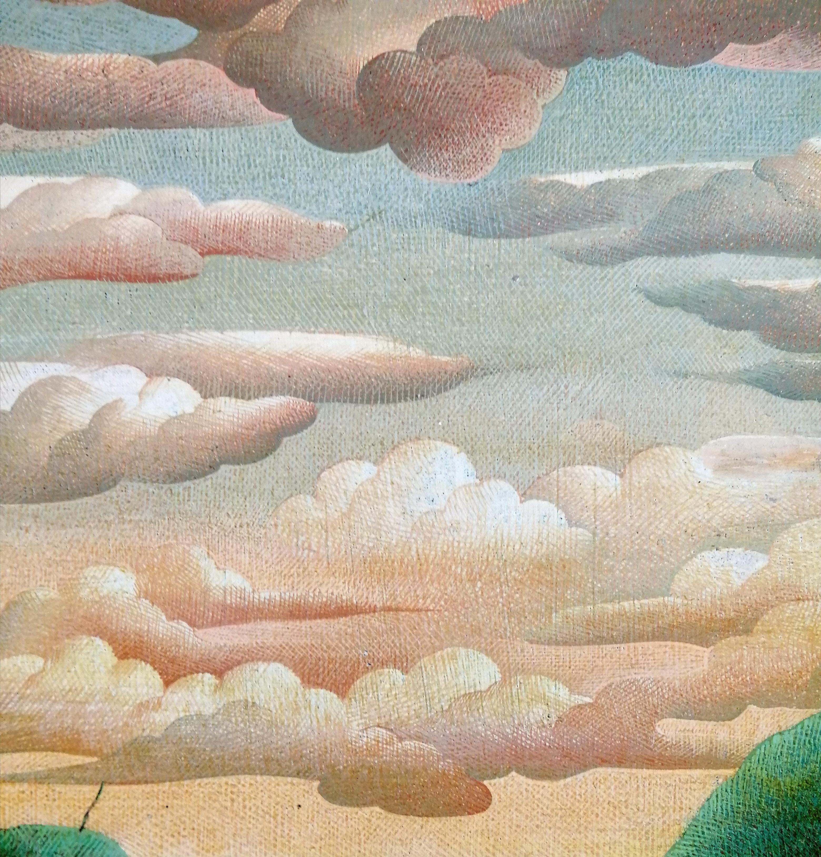 Flusslandschaft - Mitte 20. Jahrhundert Französisch Pferde Boote Wolken Ölgemälde im Angebot 2