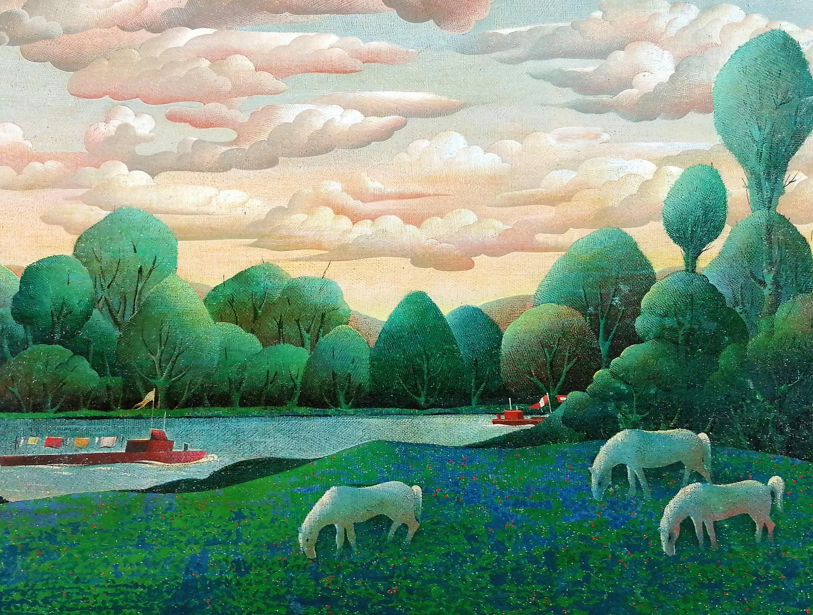 M. Leger Landscape Painting – Flusslandschaft - Mitte 20. Jahrhundert Französisch Pferde Boote Wolken Ölgemälde