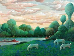 Flusslandschaft - Mitte 20. Jahrhundert Französisch Pferde Boote Wolken Ölgemälde