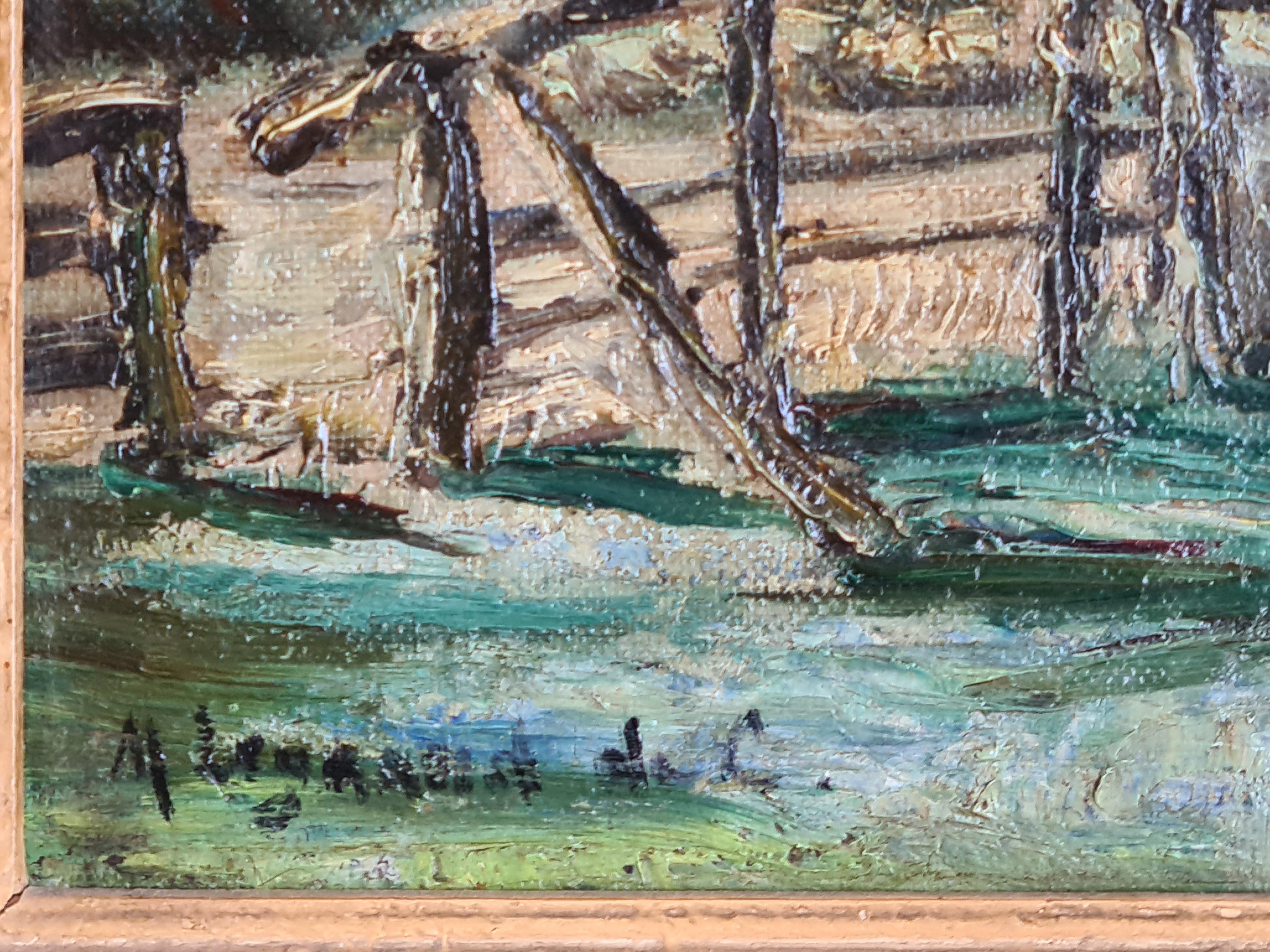 El puente del río, Escuela de Barbizon, Círculo de Jean Baptiste Camille Corot - Painting Impresionista de M Legrand de C