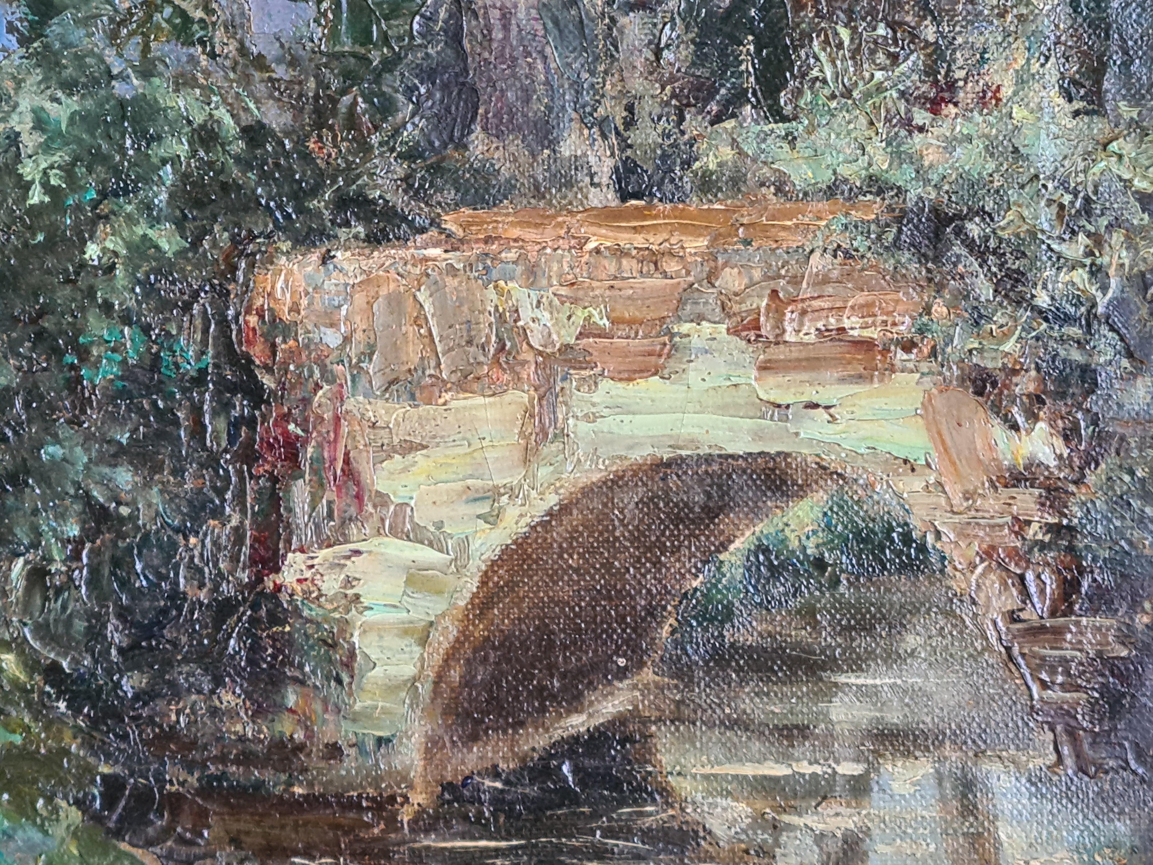 El puente del río, Escuela de Barbizon, Círculo de Jean Baptiste Camille Corot - Landscape Painting Marrón de M Legrand de C