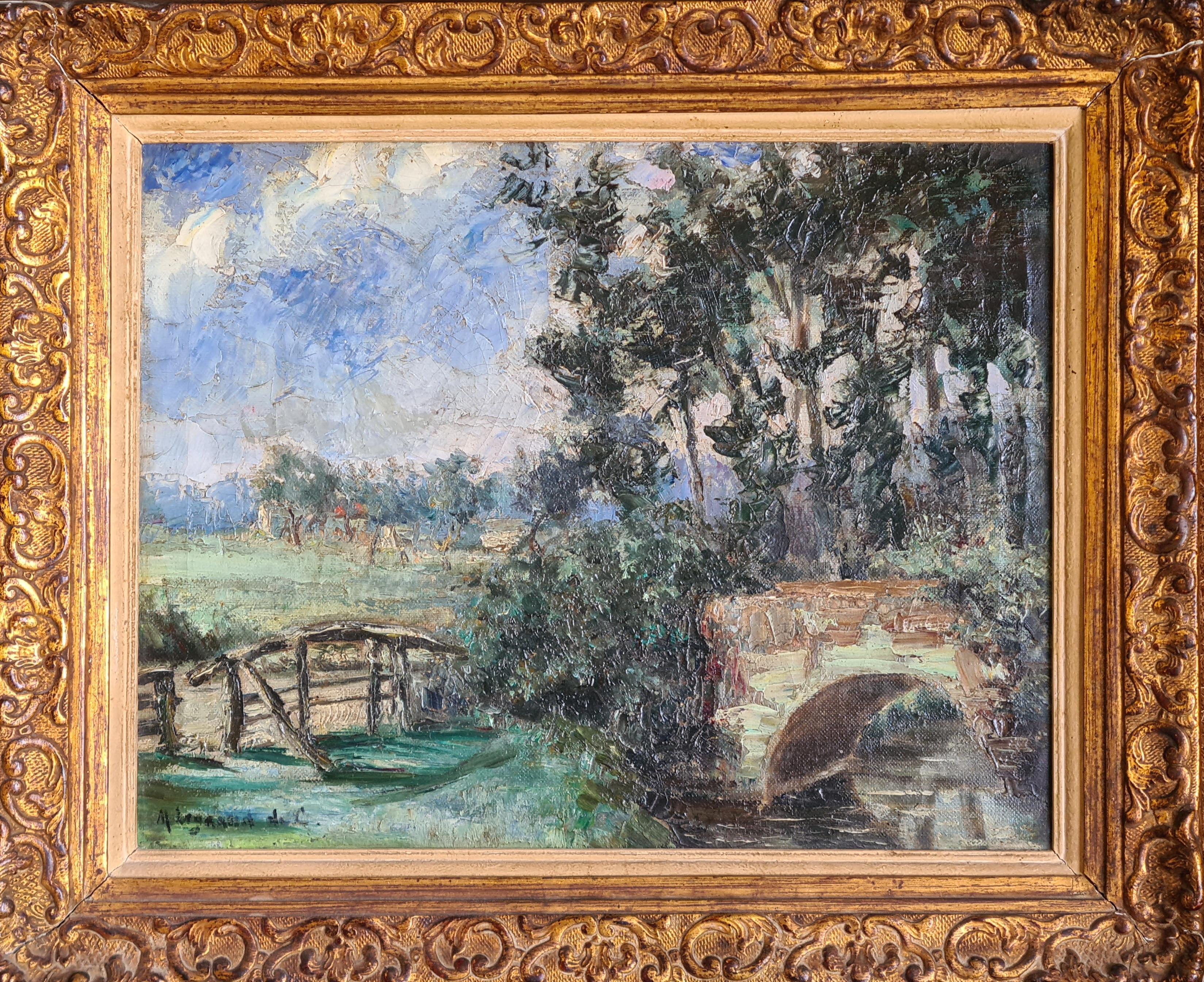 Landscape Painting de M Legrand de C - El puente del río, Escuela de Barbizon, Círculo de Jean Baptiste Camille Corot