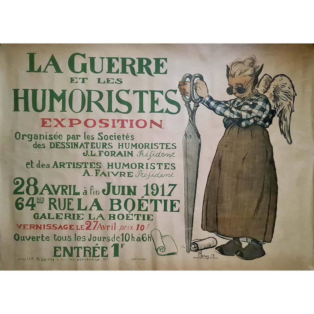Das Originalplakat von M. Leroy mit dem Titel "La Guerre et les Humoristes" spiegelt auf ergreifende Weise die Überschneidung zwischen Kunst und den turbulenten Ereignissen des Ersten Weltkriegs wider. 1917, auf dem Höhepunkt des Konflikts,