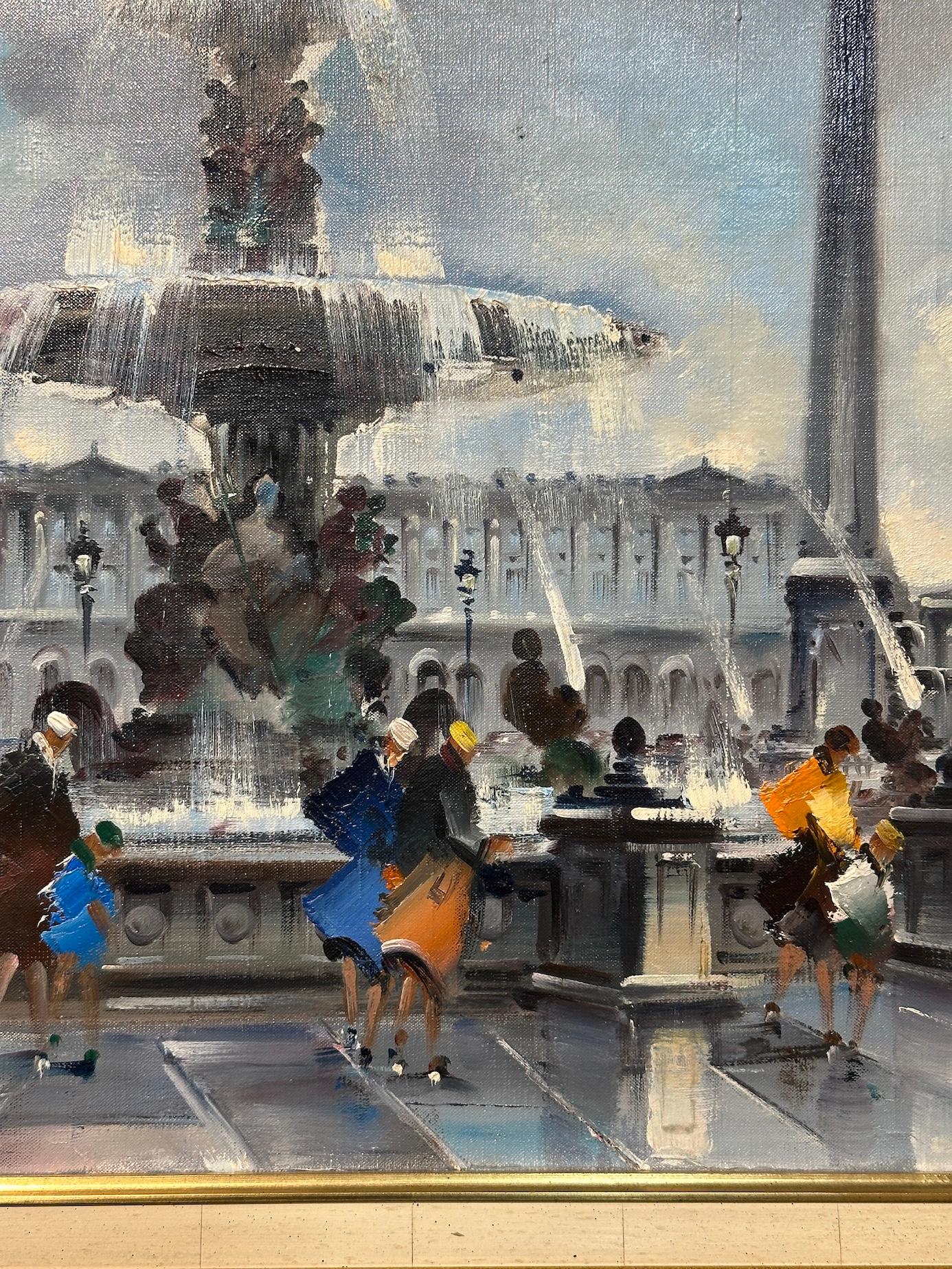 A.I.C. 20ème C. Vue de Paris, Place de la Concorde, peuple par la Fontaine des Mers - Impressionnisme Painting par M. Leveque